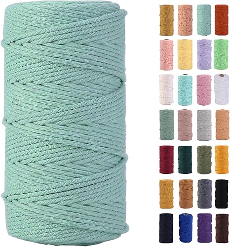Cuerda de macramé verde claro de 0.118 in x 109 yardas, cuerda de algodón colorido de algodón suave para colgar en la pared, colgadores de plantas,
