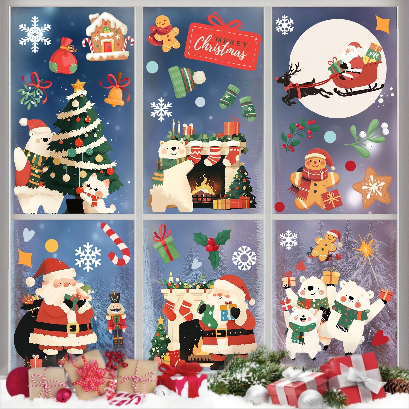 143 Pcs Christmas Decorations, 9 Sheets Christmas Window Clings for Glass, Santa Snowman Bears Xmas Stickers, Holiday Window Decals for Indoor Home Party Decor