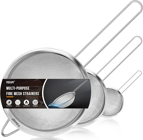 Ydeapi Fine Mesh Strainer, Stainless Steel Strainers with Sturdy Handle, Set of 3 Metal Sieve for Kitchen Food, Rice, Quinoa, Tea - 7", 4.6", 2.7"