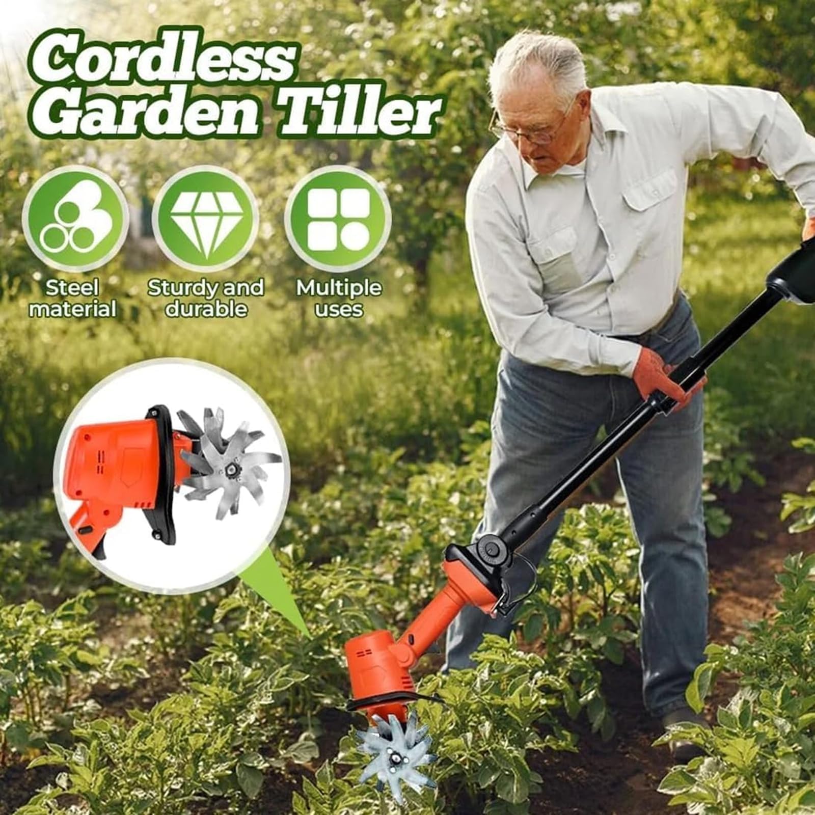 Motoazada Inalámbrica 21V para Jardinería, Cultivador Eléctrico 235 RPM con 2 Baterías Y Cargador, Ancho 13 Cm, Profundidad 10 Cm (B)