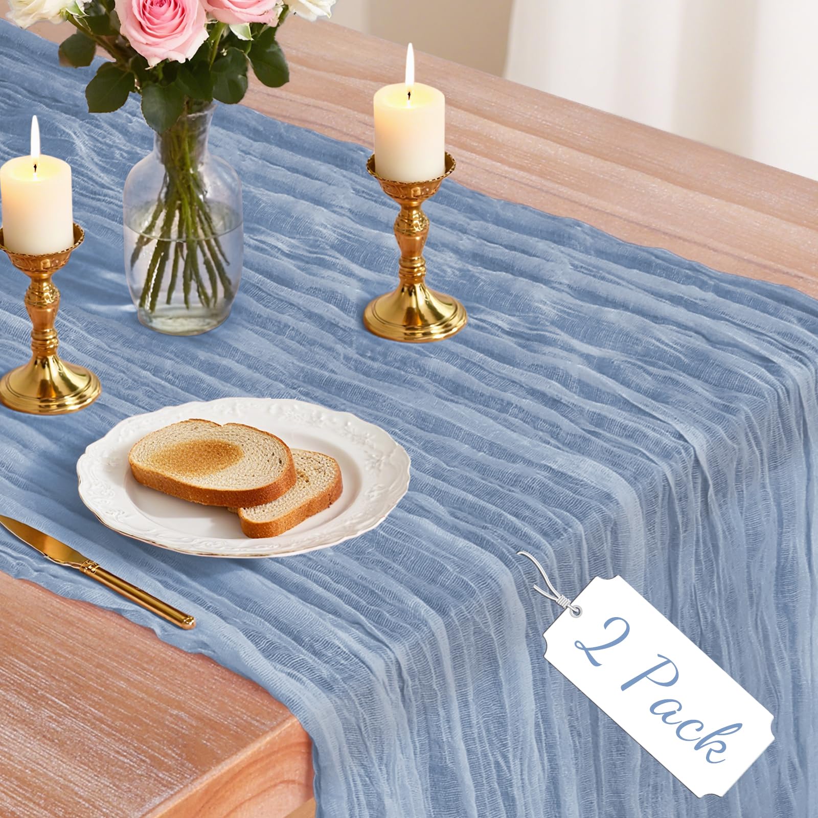 Photo 1 of 2 Pack Dusty Blue Cheesecloth Table Runner, 10Ft Boho Gauze Cheese Cloth Table Runners for Wedding, Party, Dinner, Baby Shower, 120 Inches Long Table Runner for Easter, Father's Day Decor