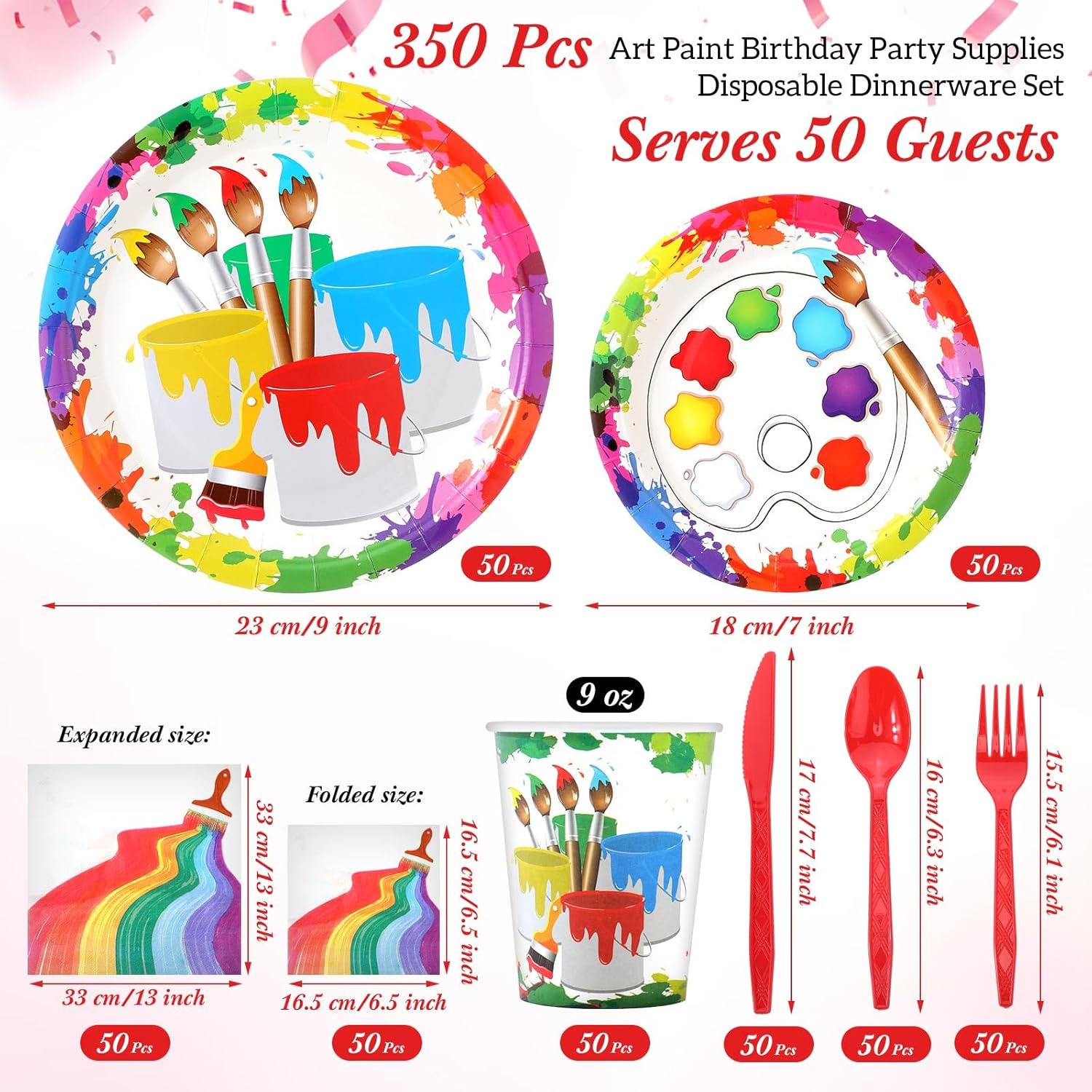 Uiifan 350 Pcs Paint Party Decorations Art Party Supplies with 100 Painting Plates 50 Napkins 50 Paper Cups 150 Plastic Silverware Disposable Dinnerware Set for Art Birthday Table Decor