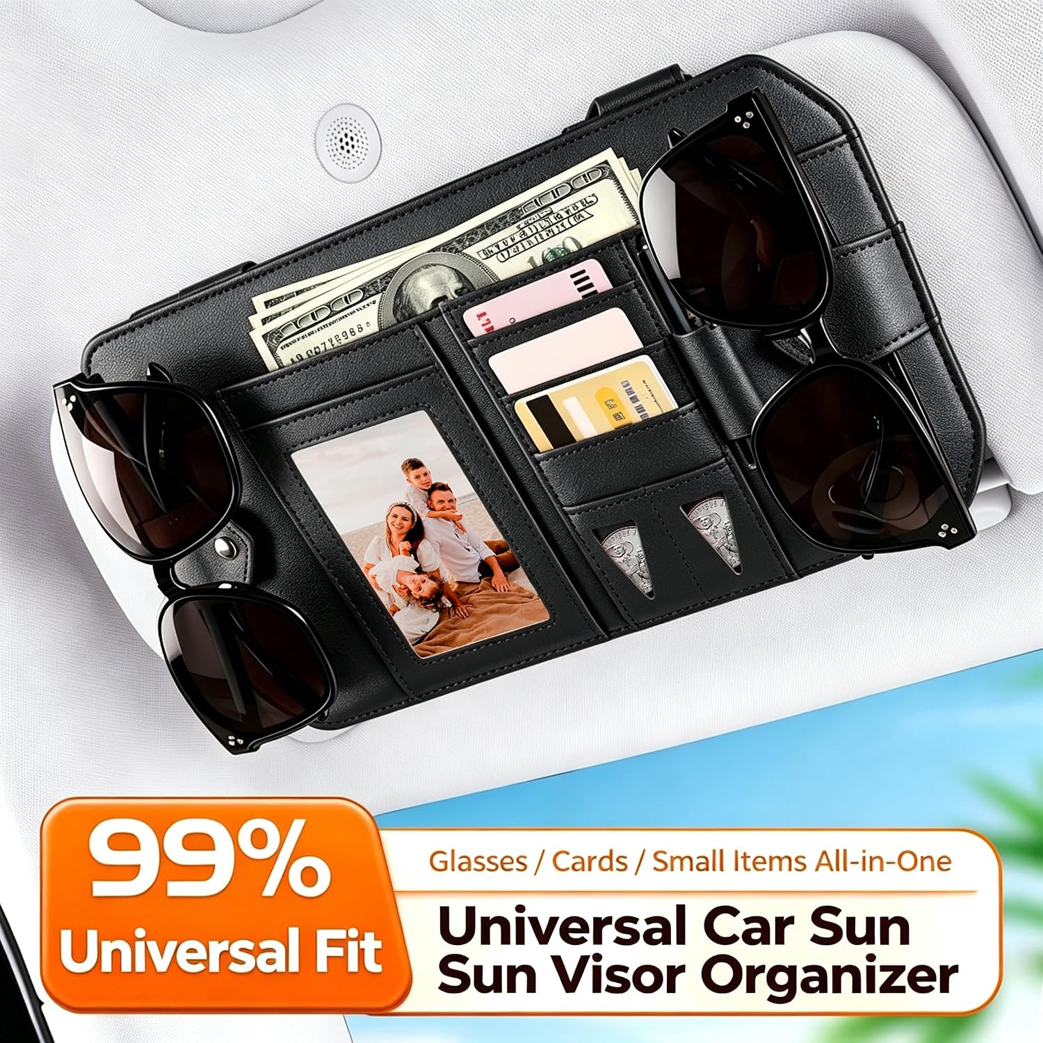 Car Sun Visor Organizer with Dual Sunglasses Clip & Photo Card Slot – PU Leather Multi-Pocket Storage Pouch for Sunglasses, Cards, Pens & Documents – Fits Most Cars, SUVs & Trucks image 2