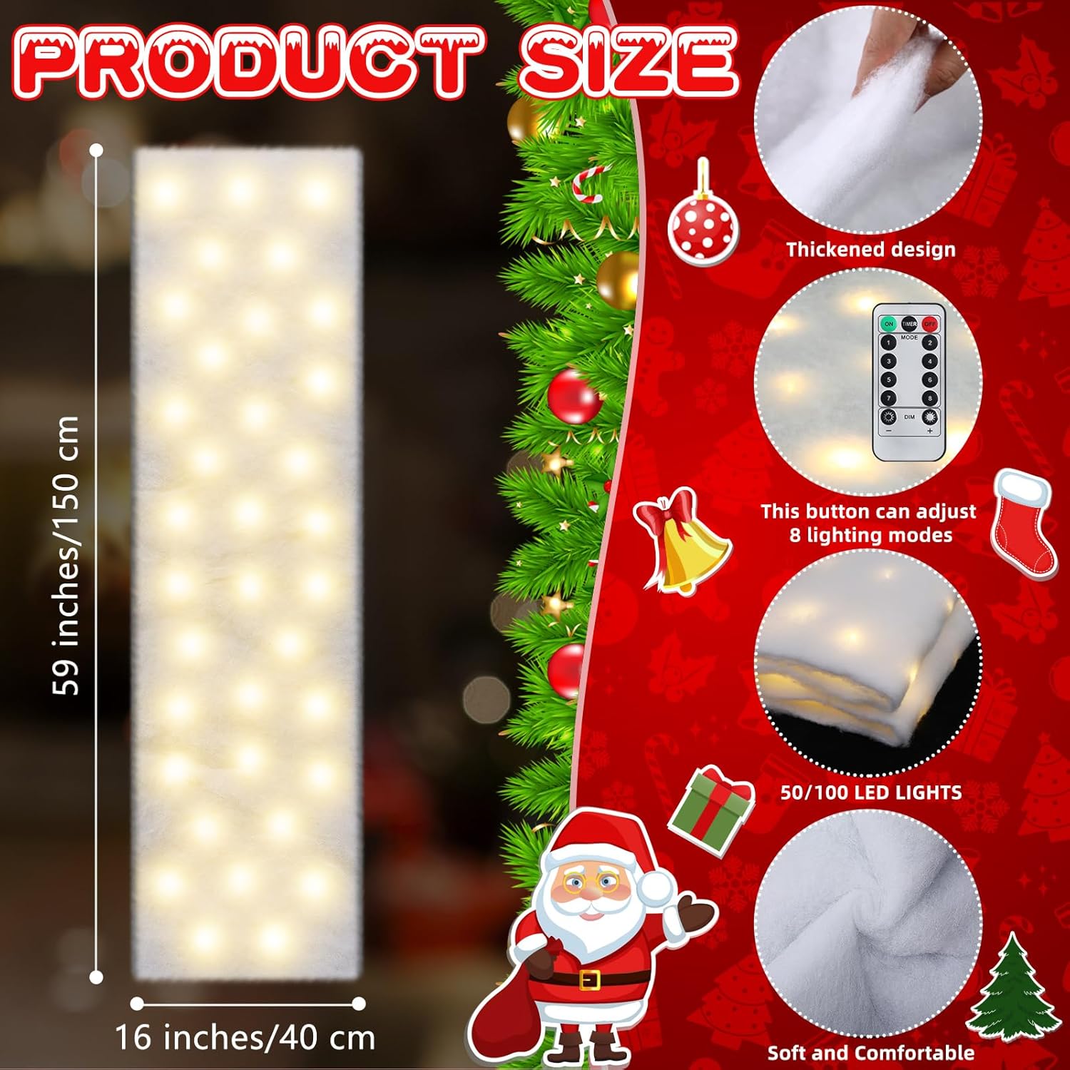 Dunzy Christmas Pre Lit Snow Blanket with LED Lighted 59 x 16 inches, Artificial Fake Snow Glitter Snowflakes Table Runner Light Xmas LED Blanket for Village Decorations (Warm White)