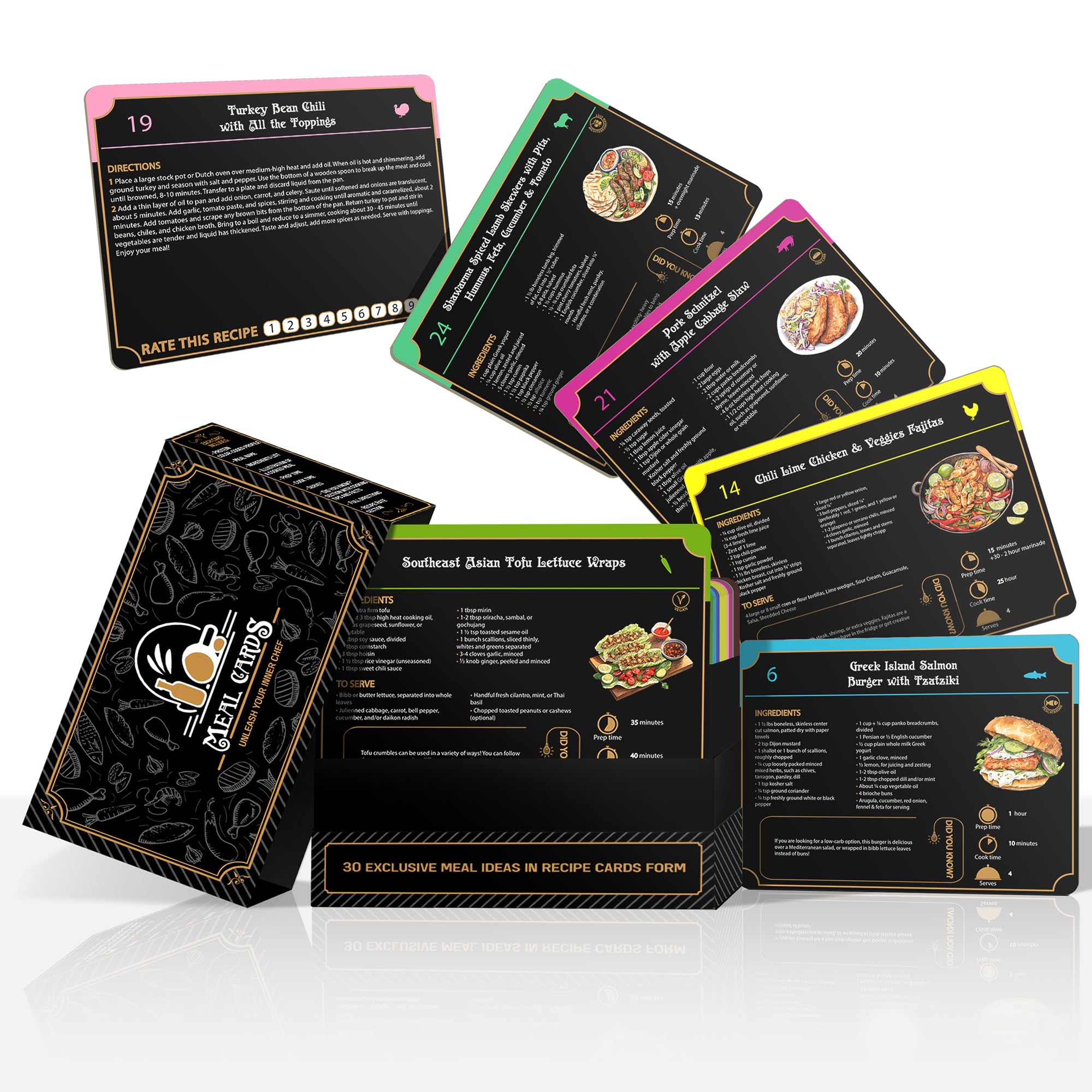 Meal Cards: 30 Meal Recipes - Your Cookbook and Meal Prep Guide, Recipe Book in Flashcards Form, Dinner Meal Planner Recipe Cards with Diet Options and Pro Food Prep Tips in a Stylish Recipe Box
