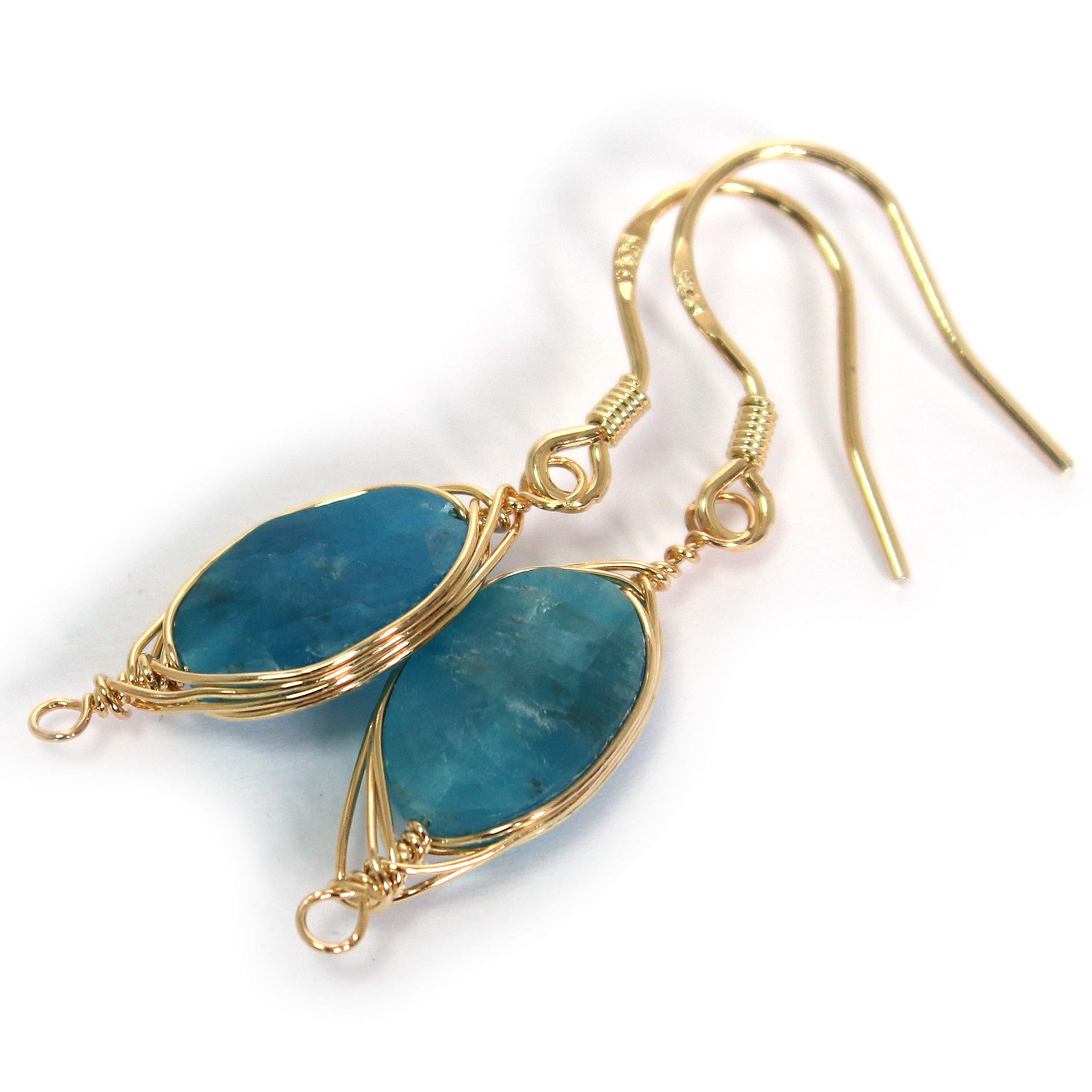 Natural Stone Earrings 14K Yellow Gold Plated 925 Sterling Silver Hook Wire Wrap Dangle Drop Earrings/Apatite Oval Cut