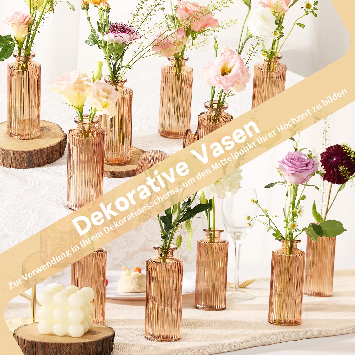 Jarrones pequeños, 16 Juegos de jarrones de Vidrio para la decoración de la Mesa Mini jarrones para familias, Bodas, cumpleaños, Botellas de Vidrio para Fiestas(ámbar Vertical)