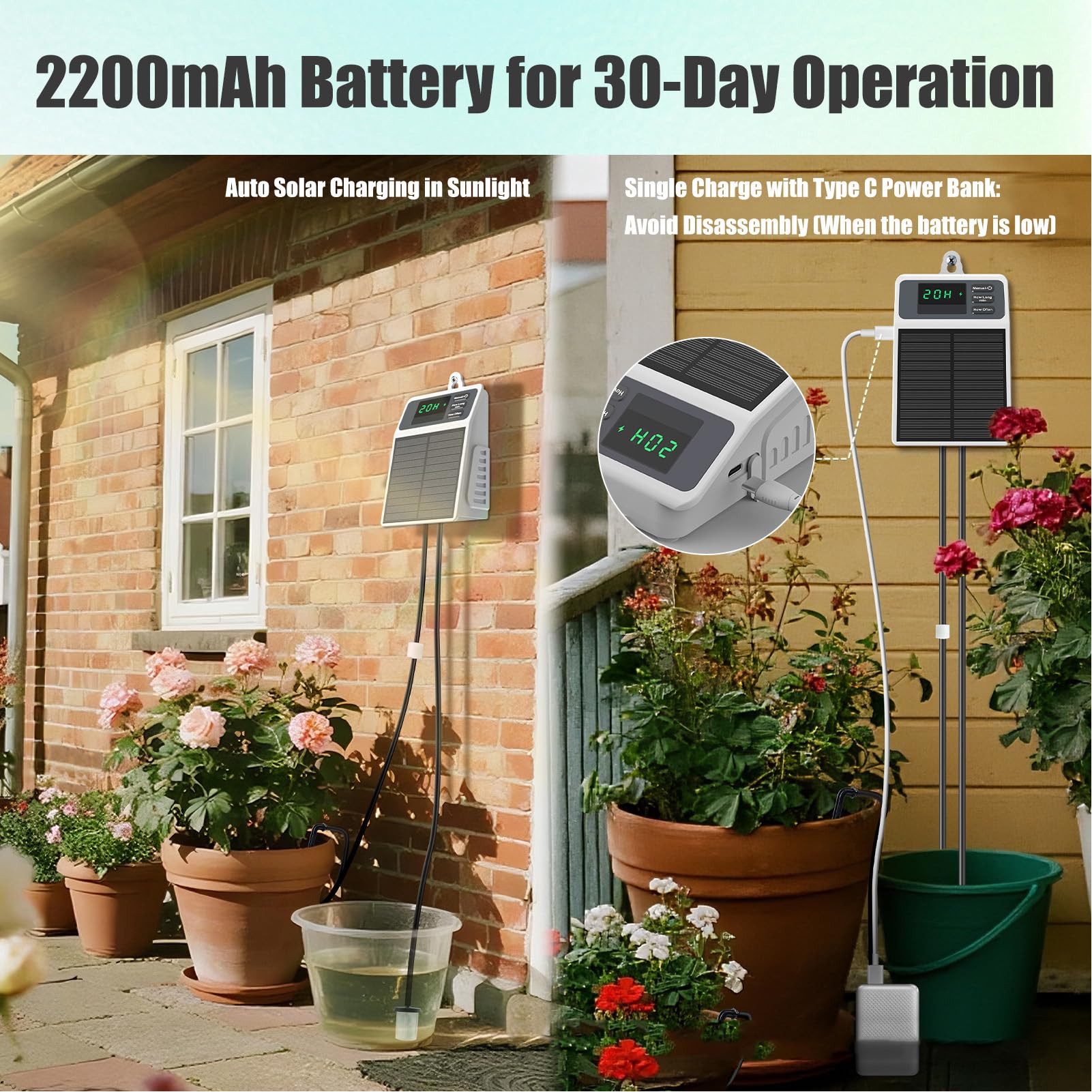 banapoy Irrigazione Automatico per Piante Solari, 35PSI 630 Ml/min Irrigazione a Goccia con Automatica Intelligente con Timer, per Giardino, Balcone, Patio, Serra