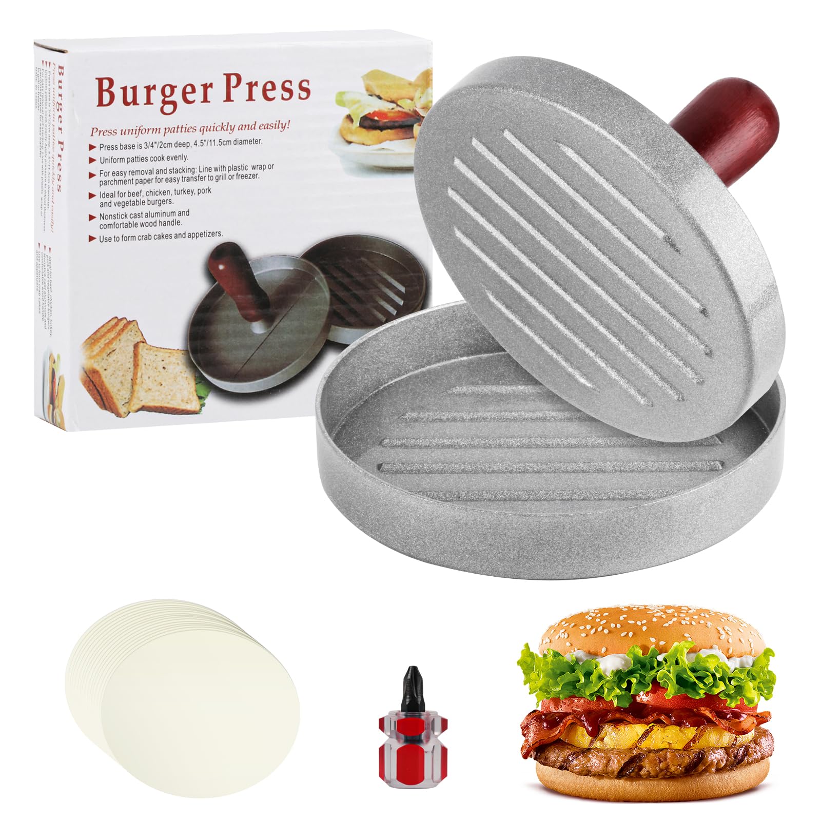 Presse à Burger en Aluminium avec 100 Papier Silicone, Moule à Viande pour Hamburgers