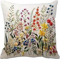 Leaveland Wildflower Faux Embroidery 18x18 Throw Pillow Cover - Boho Floral Decorative Cushion Case for Sofa, Bedroom, Seasonal Home Decor
