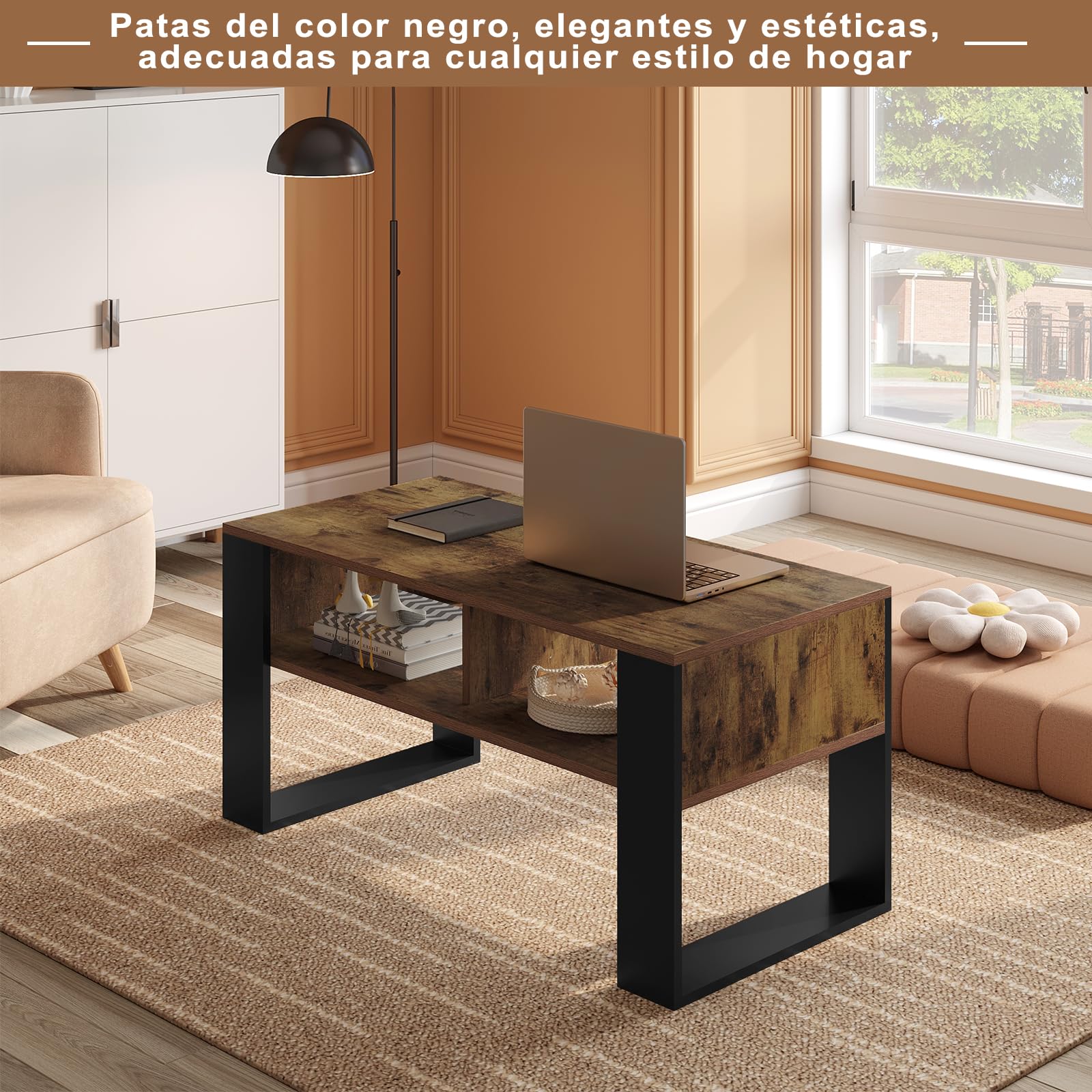 WOLTU Mesa de Centro, Mesita de Sofa con Comportamientos, Mesa Auxiliar con 2 Niveles, para Salon Balcon y Cafeteria, Marrón Rústico+Negro, 90x45x45cm, BTS16hov