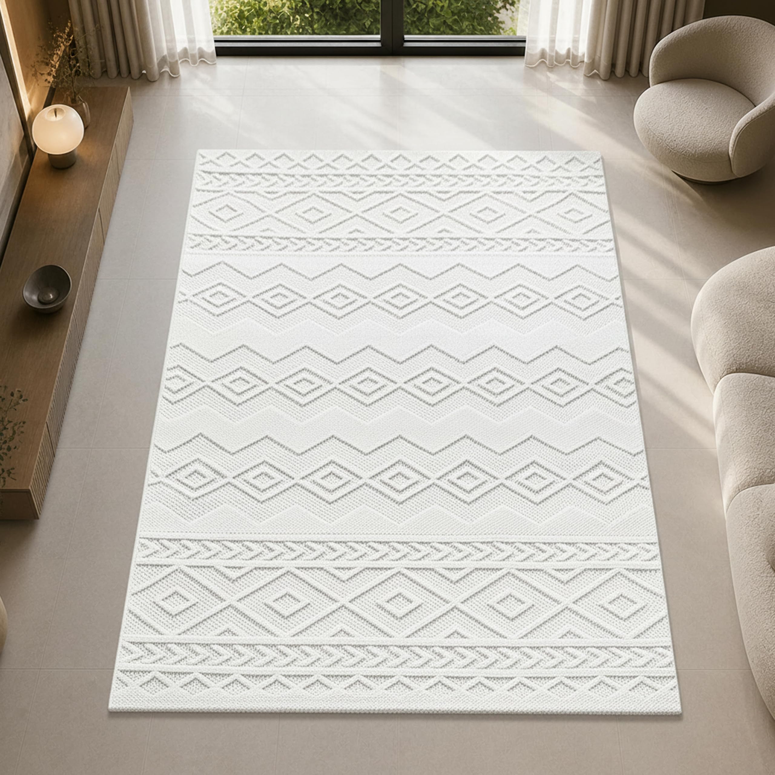 Tapis de salon beige crème 200x280 cm style bohème à motif géométrique relief