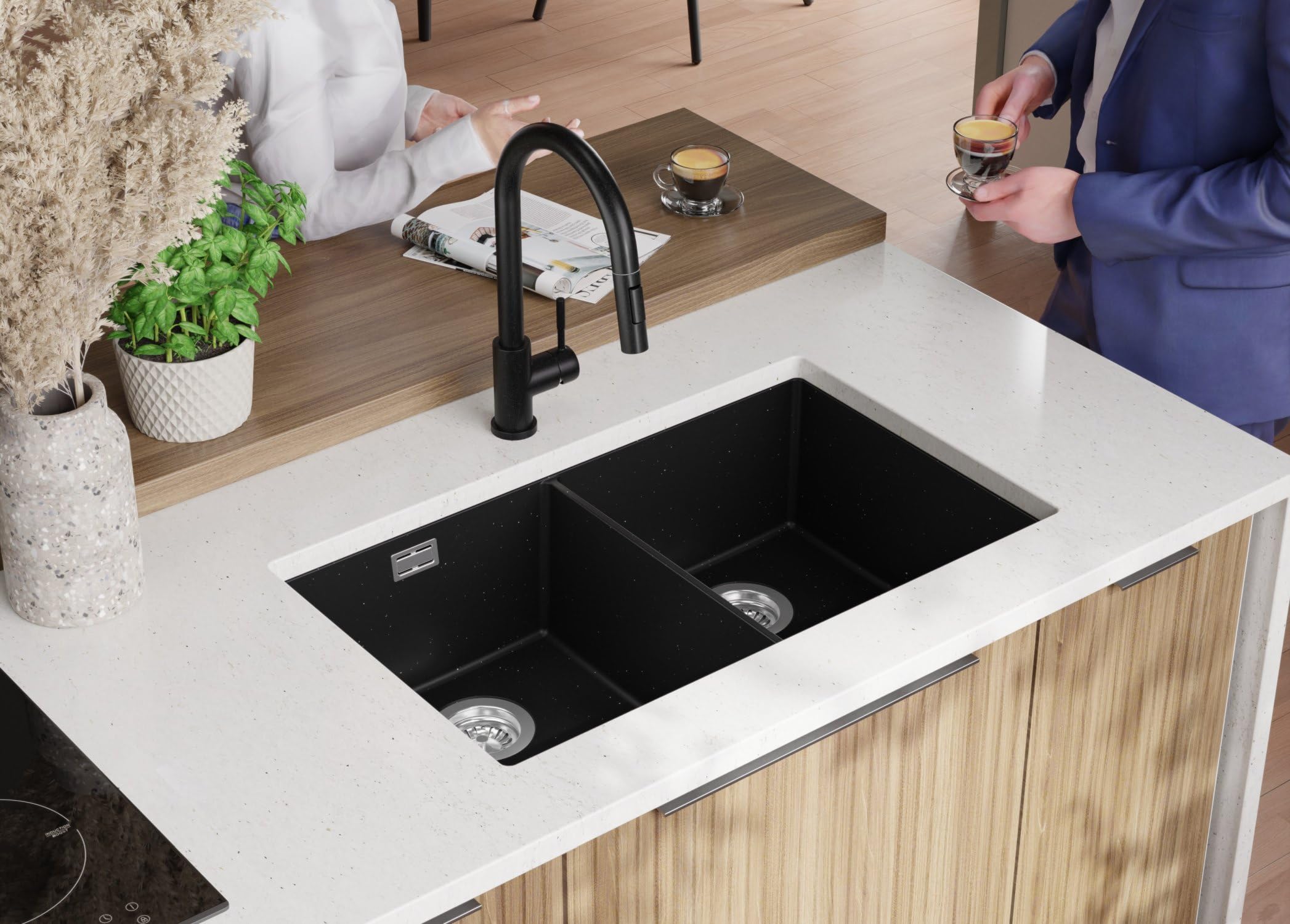 PRIMAGRAN Fregadero bajo Encimera Negro Metallic - London Twin, 76x47cm | Cocina 2 Senos + Sifón, Granito al Mueble 80cm (S004)