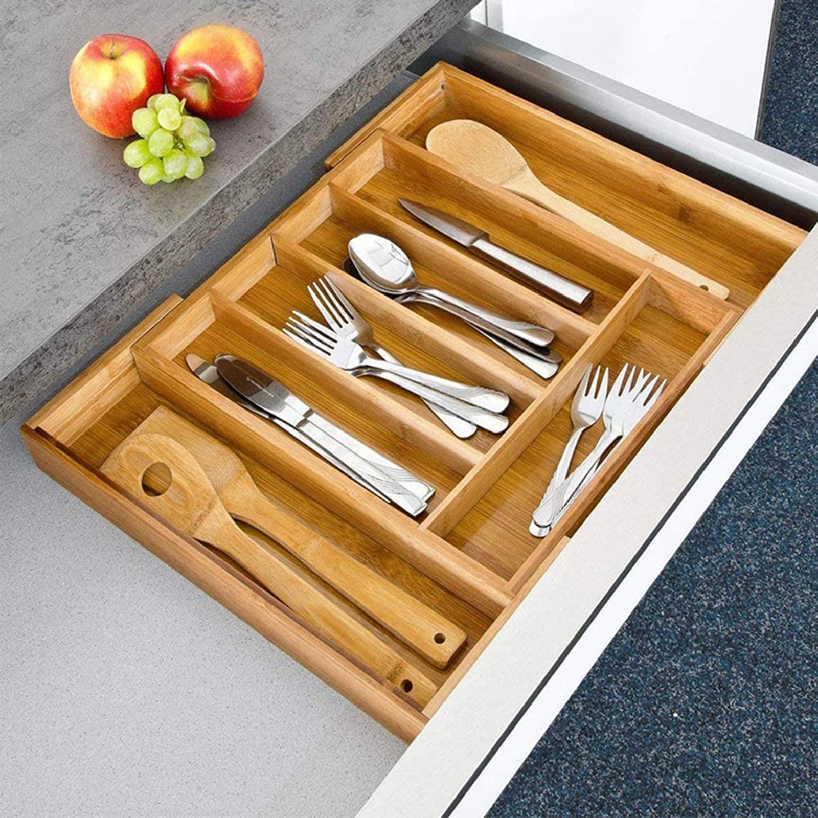 RWRAPS Organizador de Cubiertos Almacenamiento Cubiertos de Madera Organizador de Cubiertos Caja para cajón Cubiertos Bandeja de Madera Ampliable Ahorre Espacio para Utensilios de Cocina y Cubiertos