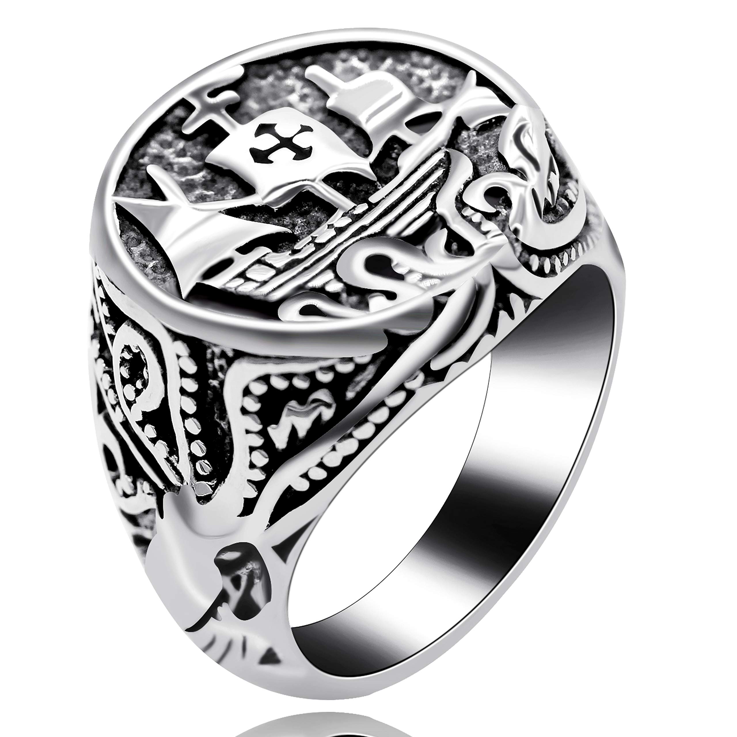 UloveidoMen's Ship Cross Totem Design Wide Rings Black Stainless Steel Biker Punk Cocktail Rings for Boys Mens Dad Jewellery Rings Gift Y521