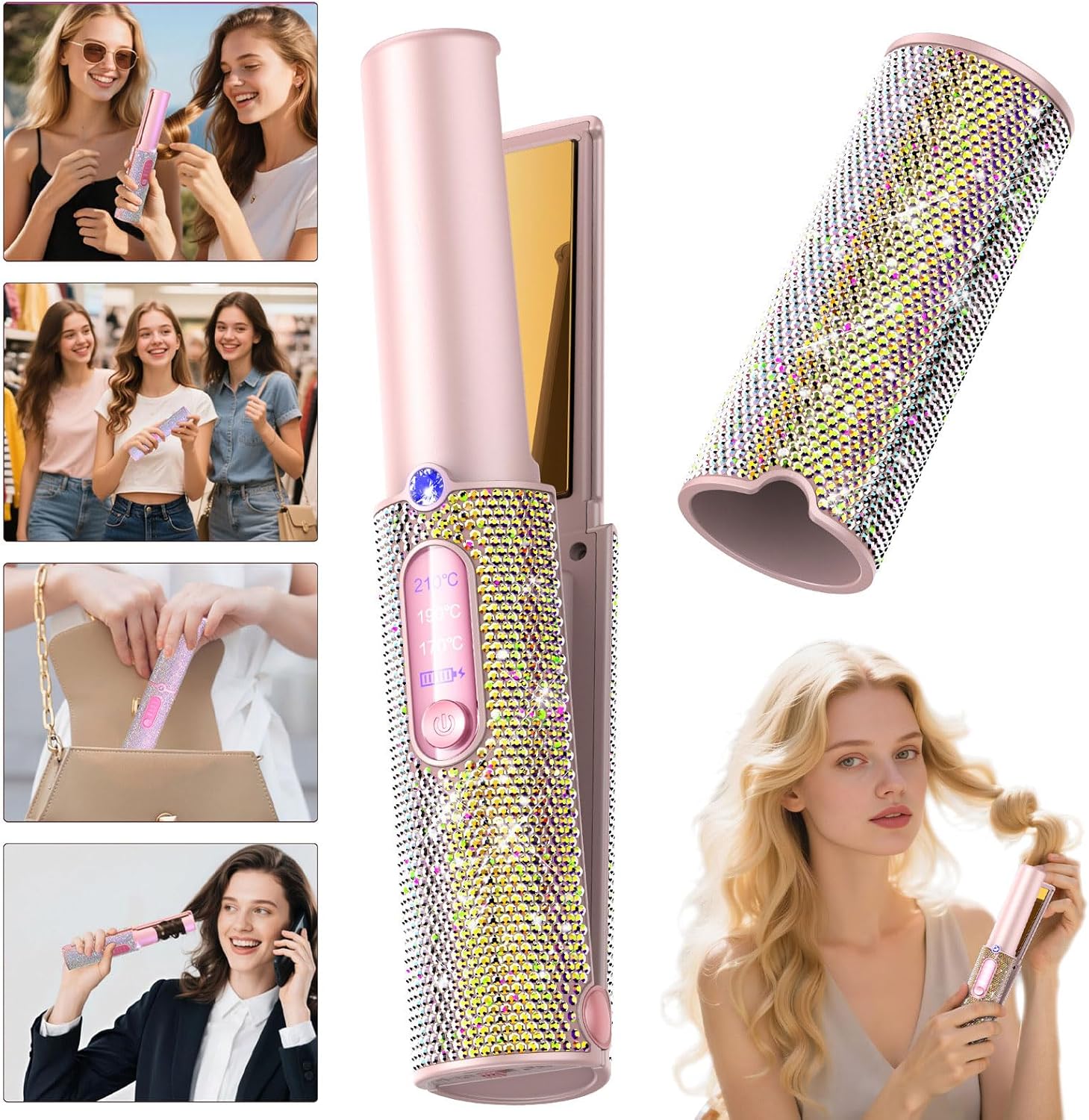 Feitenn Cordless Hair Straightener, 2 in 1 Portable Straightener Hair Straightening, Dual Voltage Flat Iron, Fast Heat, Wireless Hair Curler 5000mAh Rechargable for Travel, Gift for Women（Gold）