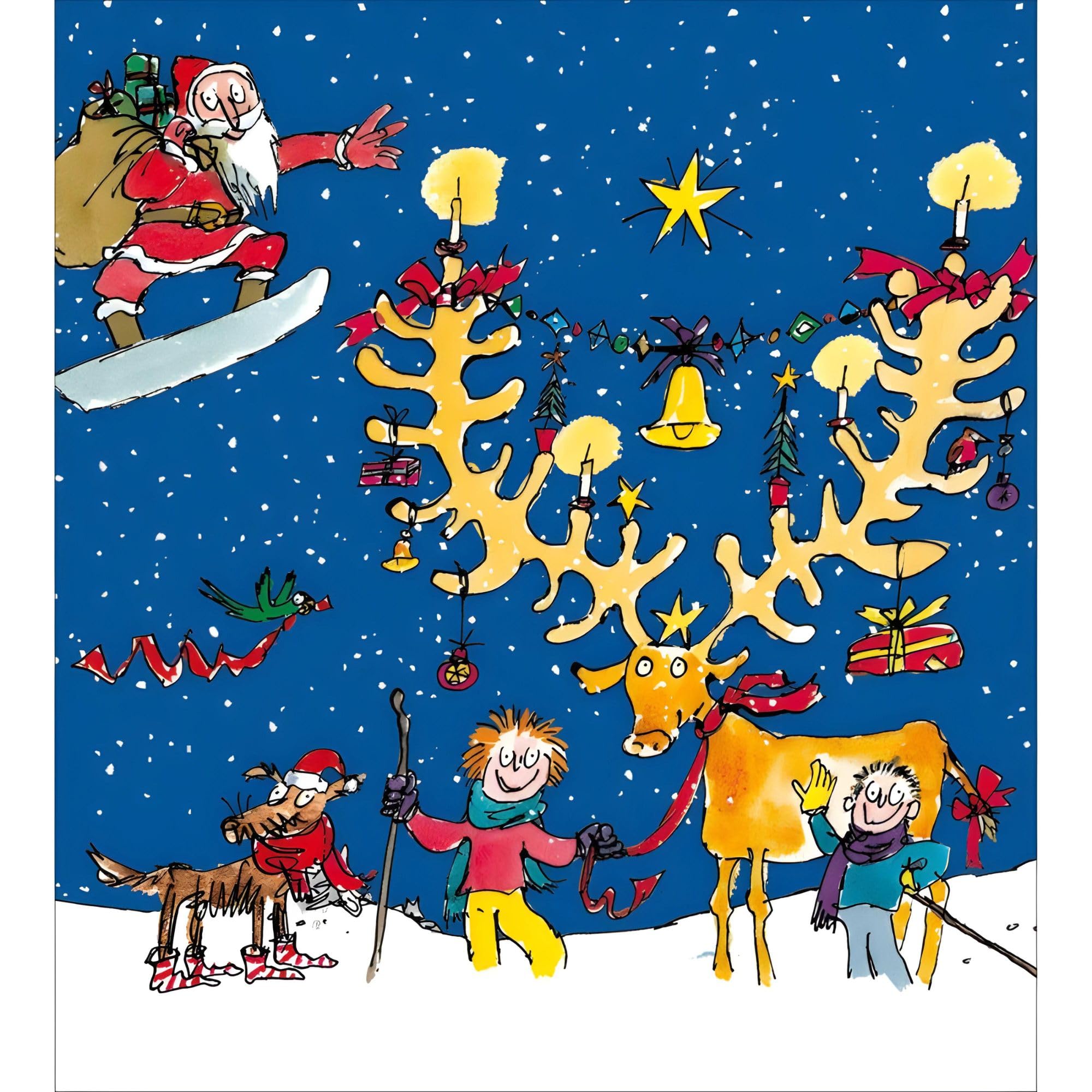 Woodmansterne Charity Christmas Card Pack of 5 - Quentin Blake Santa and Reindeer Illustration - Christmas Card Multipack - In Aid of UK Charities