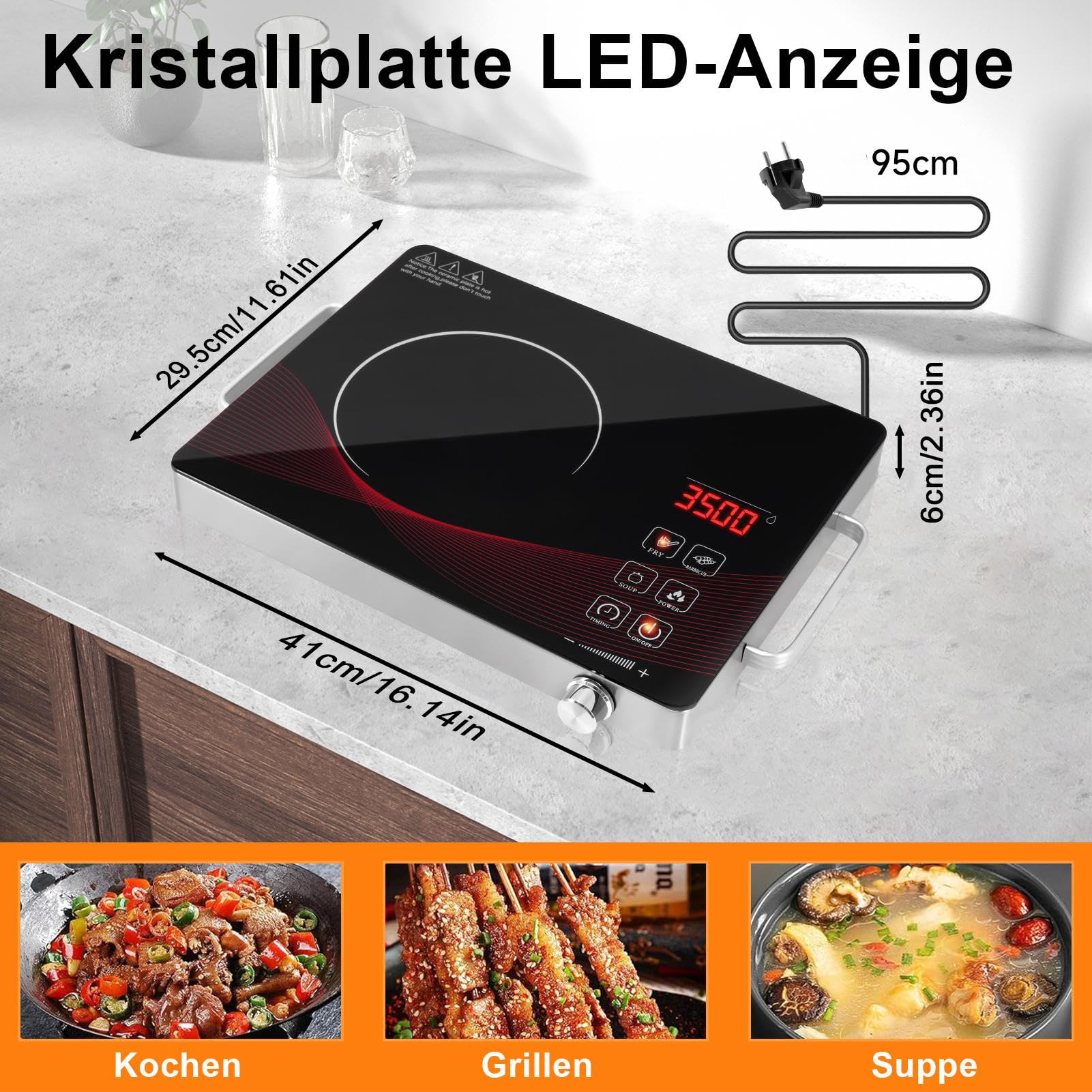Glaskeramikkochfeld mit Stecker, 220V 3500W Tragbares Kochfeld mit Griff, Einzelbrenner Elektrokochfeld, Touch Steuerung Kochfelder mit 4 Modi, 0-180 Min Timer, Überhitzungsschutz