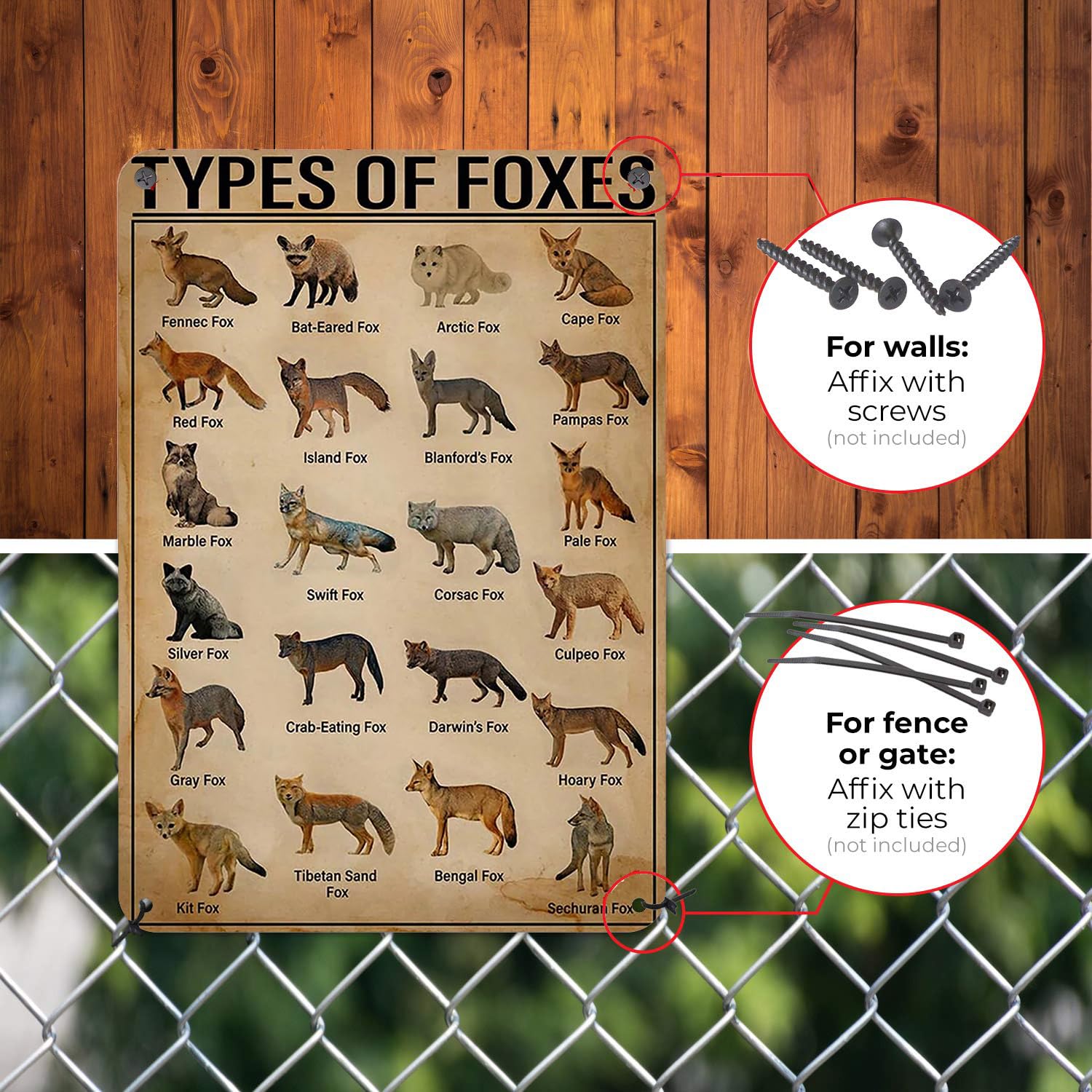 HYBLOM Cartel De Metal Vintage Types Of Foxes, Educativo Y Decorativo