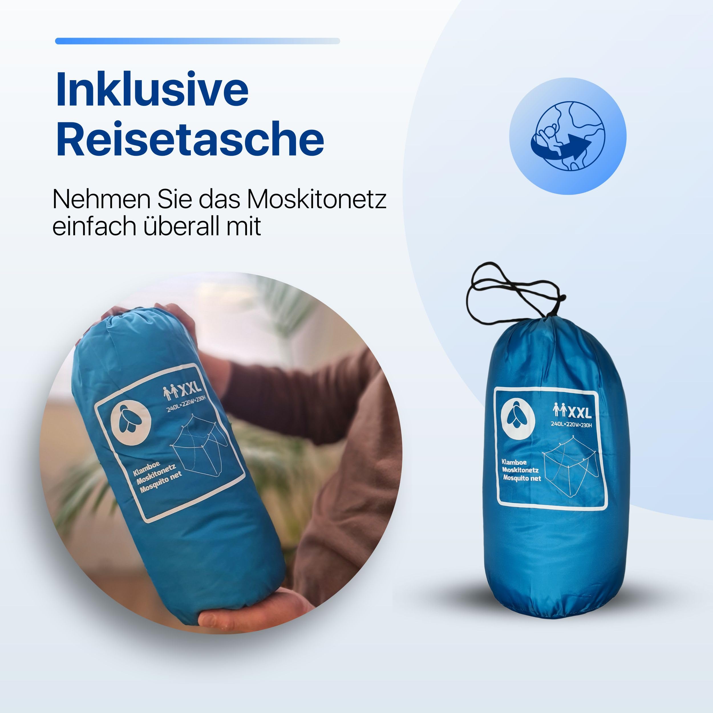 MOSKITONETZ Doppelbett XXL - 240x220x230, XXL Mückennetz für Bett, feinste Löcher, rechteckiger Netzvorhang Reise, Insektenschutz, 2 Einträge, einfache Anbringung, Tragetasche