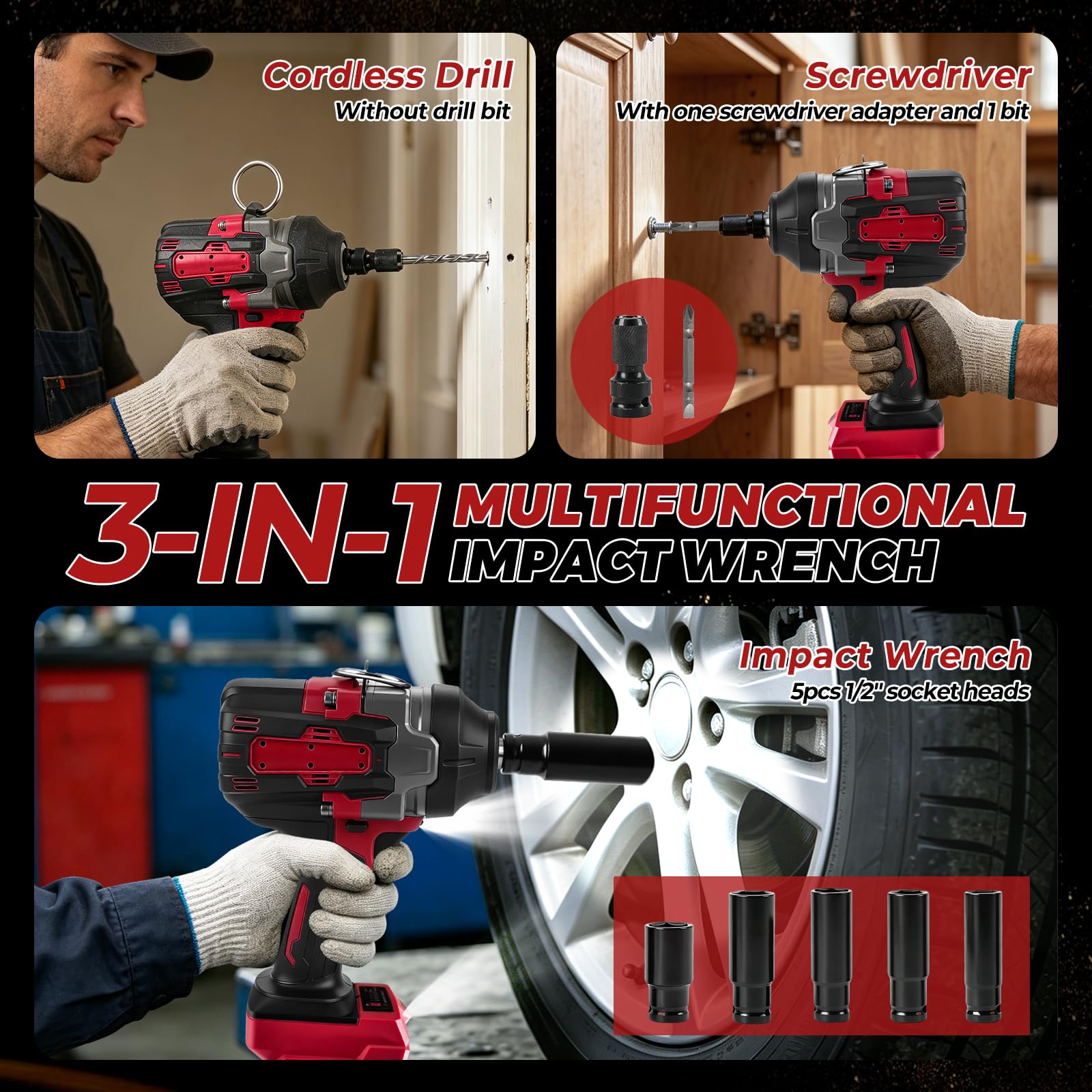 Clé à Chocs Sans Fil pour Milwaukee 18 V, 1200 N·m Visseuse a Choc Brushless 1/2", Boulonneuse a Choc Electrique avec 5 modes de vitesse, 5 douilles pour voiture maison DIY