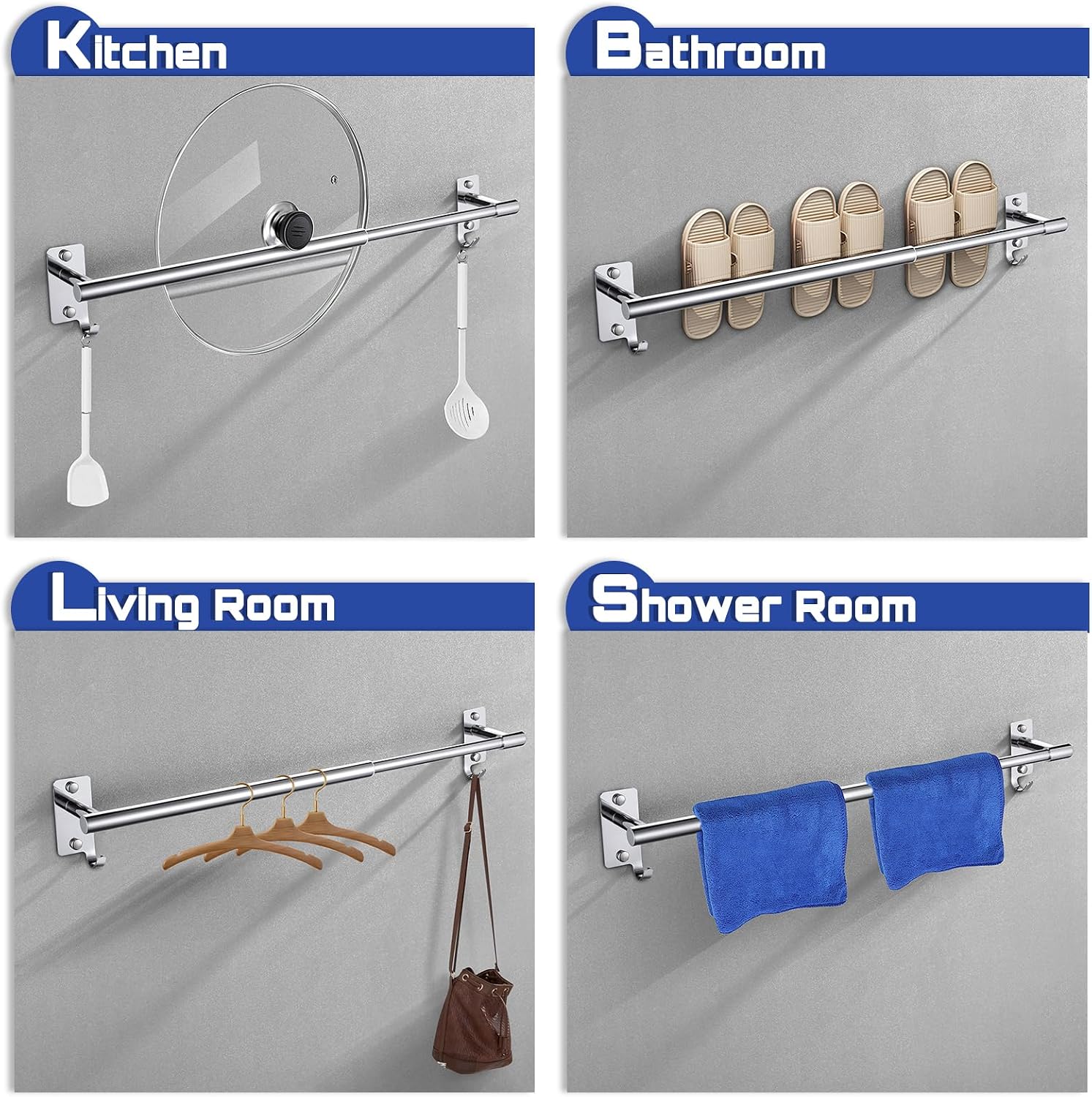 Adjustable Towel Rack for Bathroom Kitchen, Polished Chrome