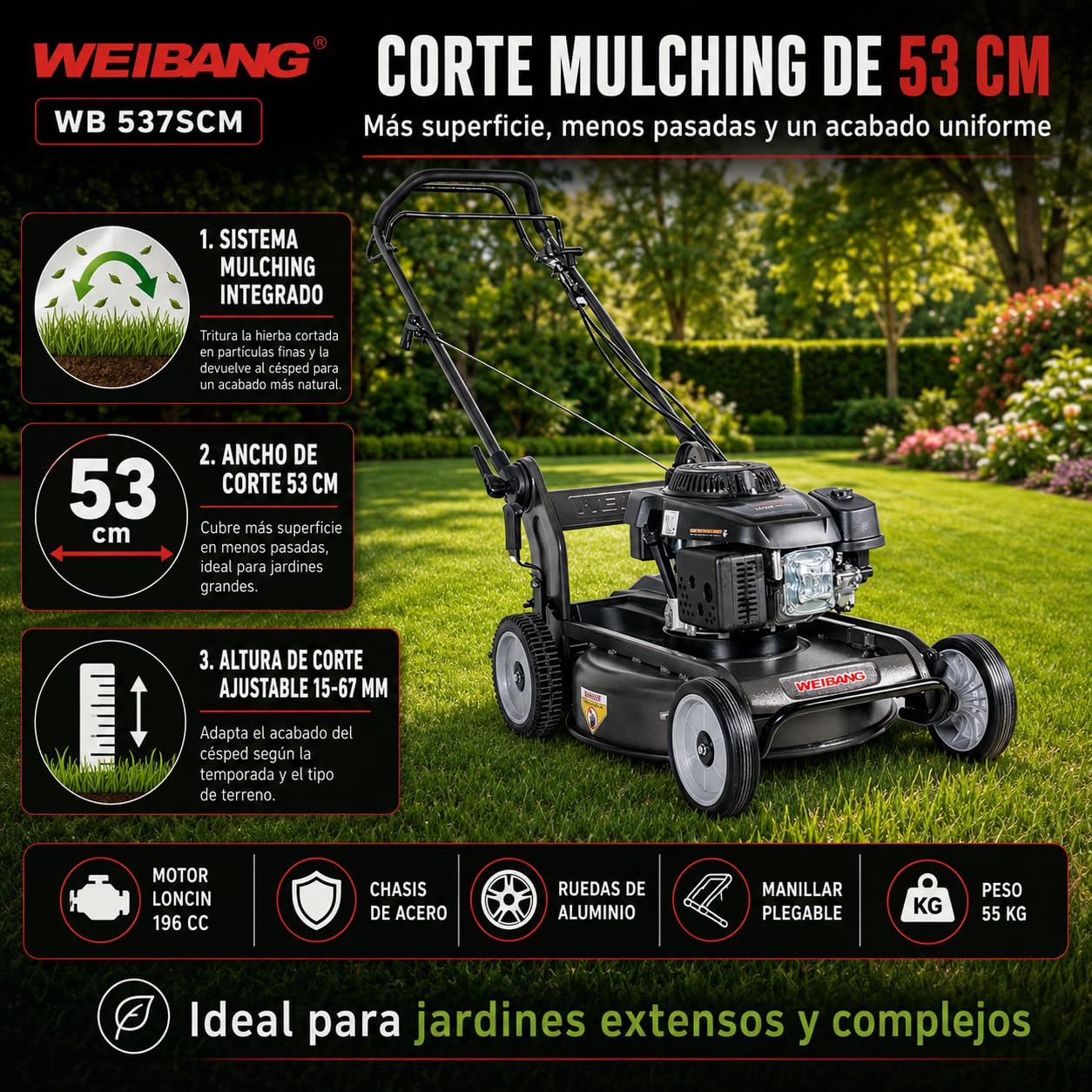 WEIBANG Cortacésped a Gasolina WB 537SCM, Motor Loncin 196 CC, Corte 53 cm, Mulching, Chasis de Acero, Manillar Plegable