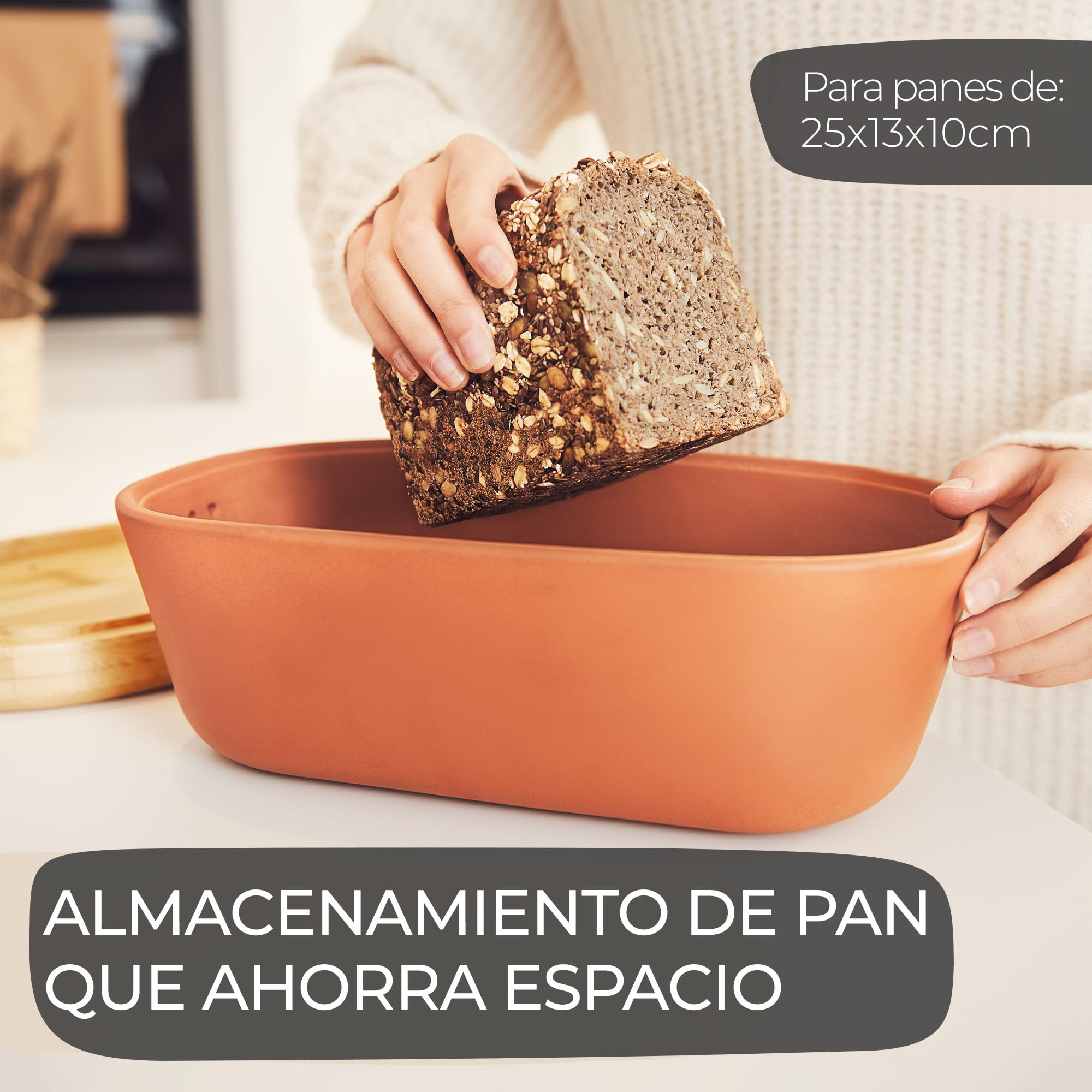 Steinzeit Panera diseño - Bread Box de barro transpirable - Caja de pan de cerámica con elegante tapa de bambú - Panera para un almacenamiento que ahorra espacio