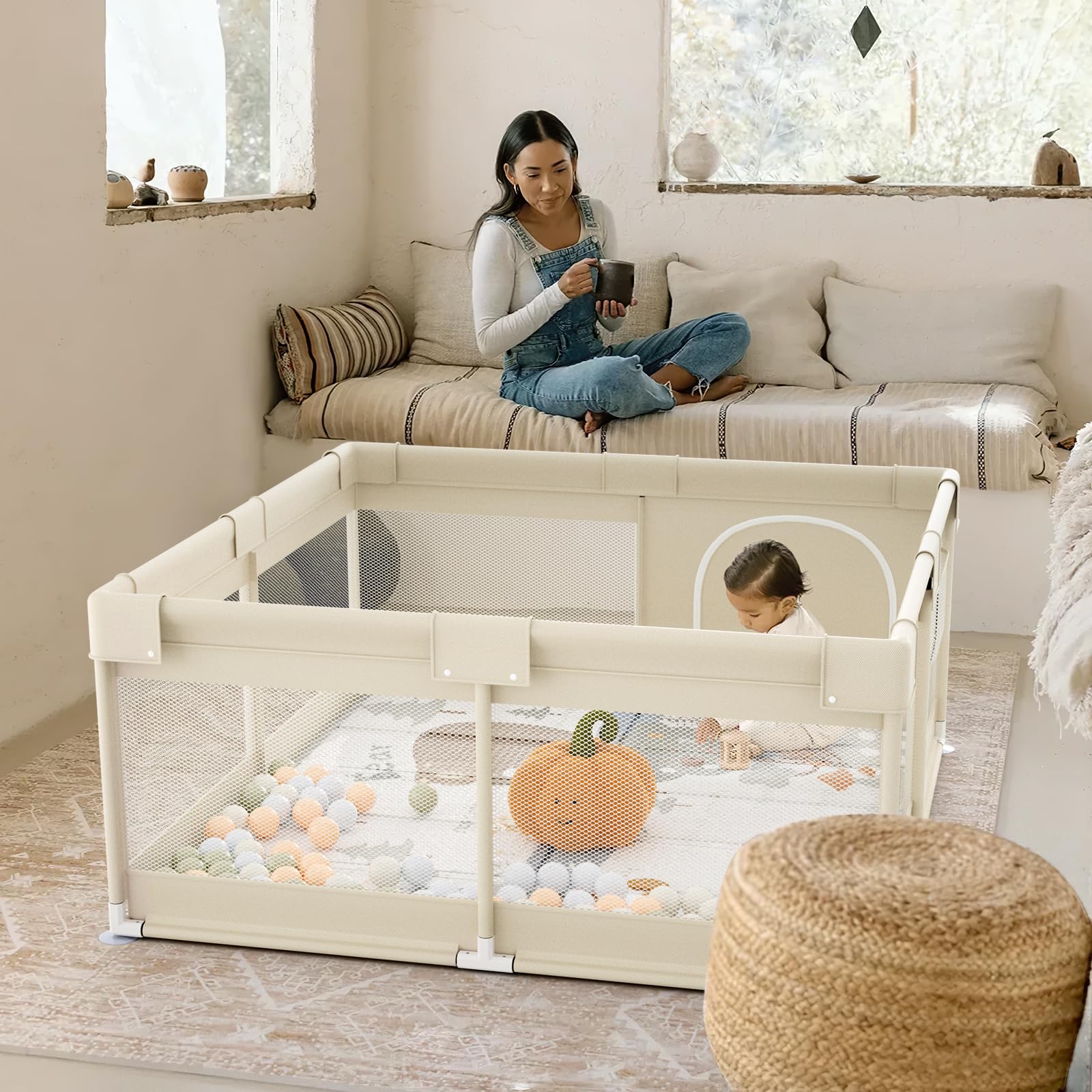 Fodoss Parc Bébé, 120X120cm Parc Avec Tapis, Parc Pour Enfant En Bas Âge, Pour Avec Matelas, Pour Bébé Pour La Maison