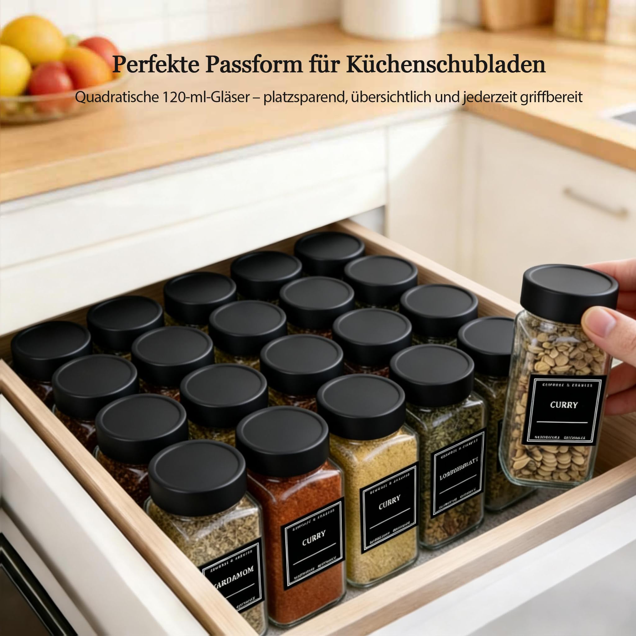 Lot de 24 pots à épices rectangulaires et étanches à l'air avec couvercles en métal noir mat, étiquettes et inserts à saupoudrer, 120 ml, avec entonnoir et brosse de nettoyage