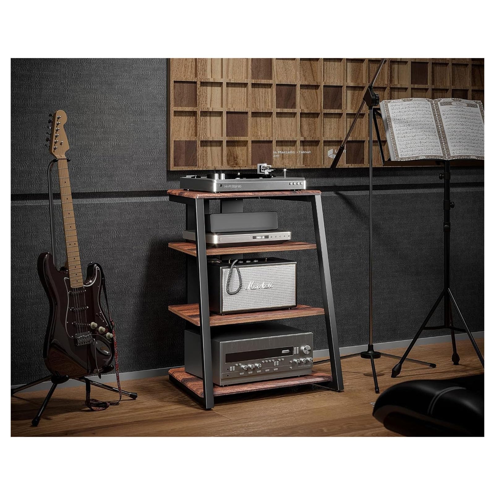 HONGKEFIT 4-Tier Media Rack Corner Shelf for Record Player Wooden Stereo Cabinet Audio Rack, CD Rack with Height Adjustable Wooden Shelf for/TV/Xbox One/ps4 (Color : A-4)