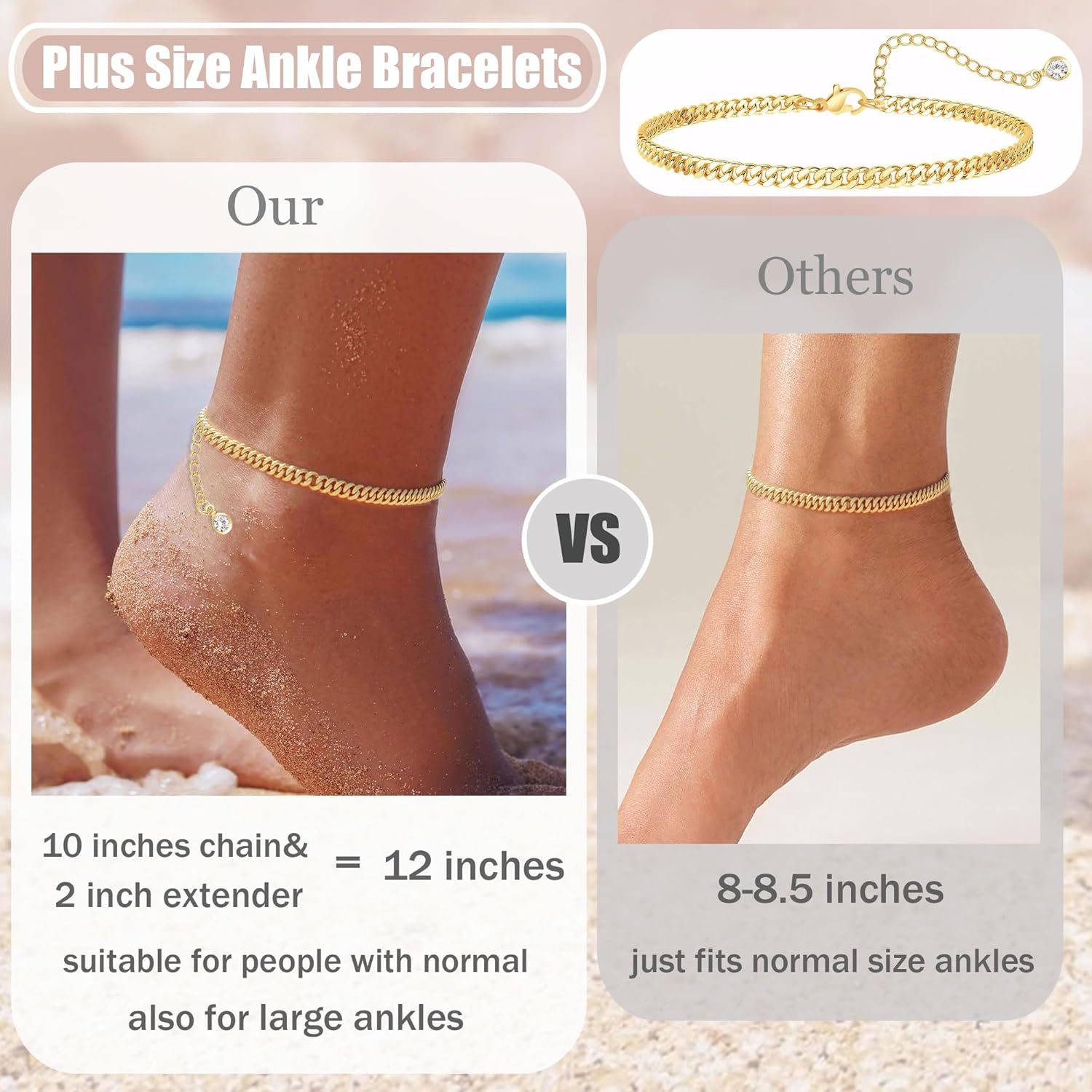 Plus Size Gold Ankle Bracelets for Women Big Ankles, Adjustable Ankle 14K Real Gold Plated Cuban Link Chain Figaro Snake Herringbone Extra Large Anklet Bracelets,Summer Beach Foot Jewelry 10-12inch - Image 2