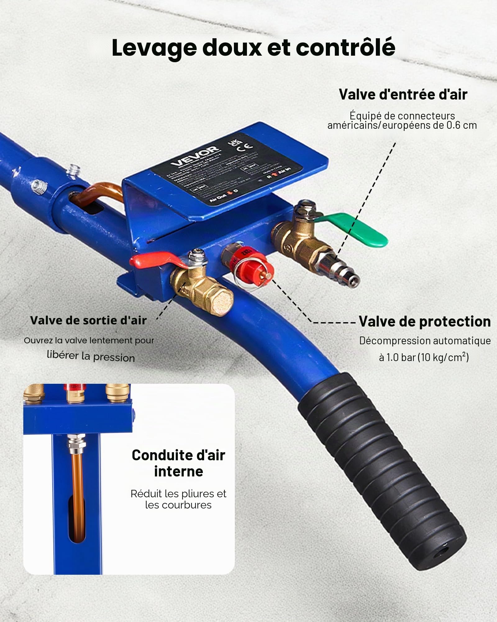 VEVOR Cric Pneumatique 3 T Plage 140-450 mm, Cric de Levage Pneumatique à Triple Coussin d'air et Six Tubes en Acier, Levage Rapide, Poignée Longue, pour Réparation Voiture SUV Atelier Garage