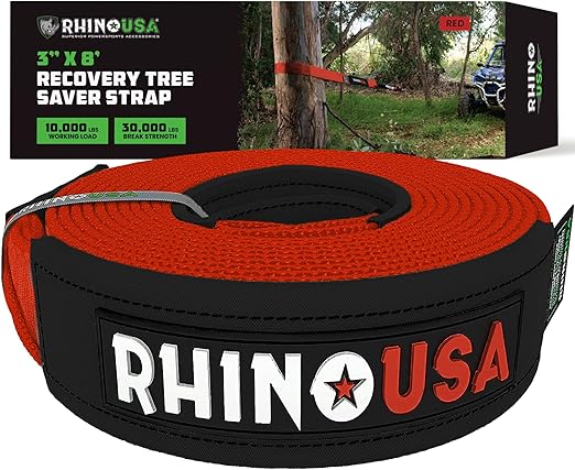 Rhino USA Tree Saver Tow Strap (3" x 8') - 31,518lb Break Strength - Emergency Recovery Strap Winch Extension for Truck, UTV, ATV & More - Heavy Duty Straps Compatible with Jeep, Ford, Toyota (Red)