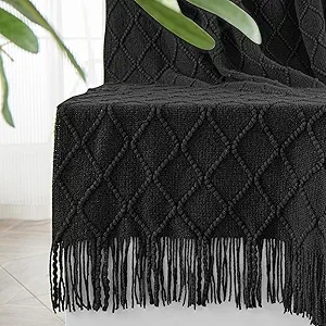 inhand Knitted Throw Blankets for Couch and Bed, Soft Cozy Knit Blanket with Tassel, Black Lightweight Decorative Blankets and Throws, Farmhouse Warm Woven Blanket for Men and Women, 50"x60"