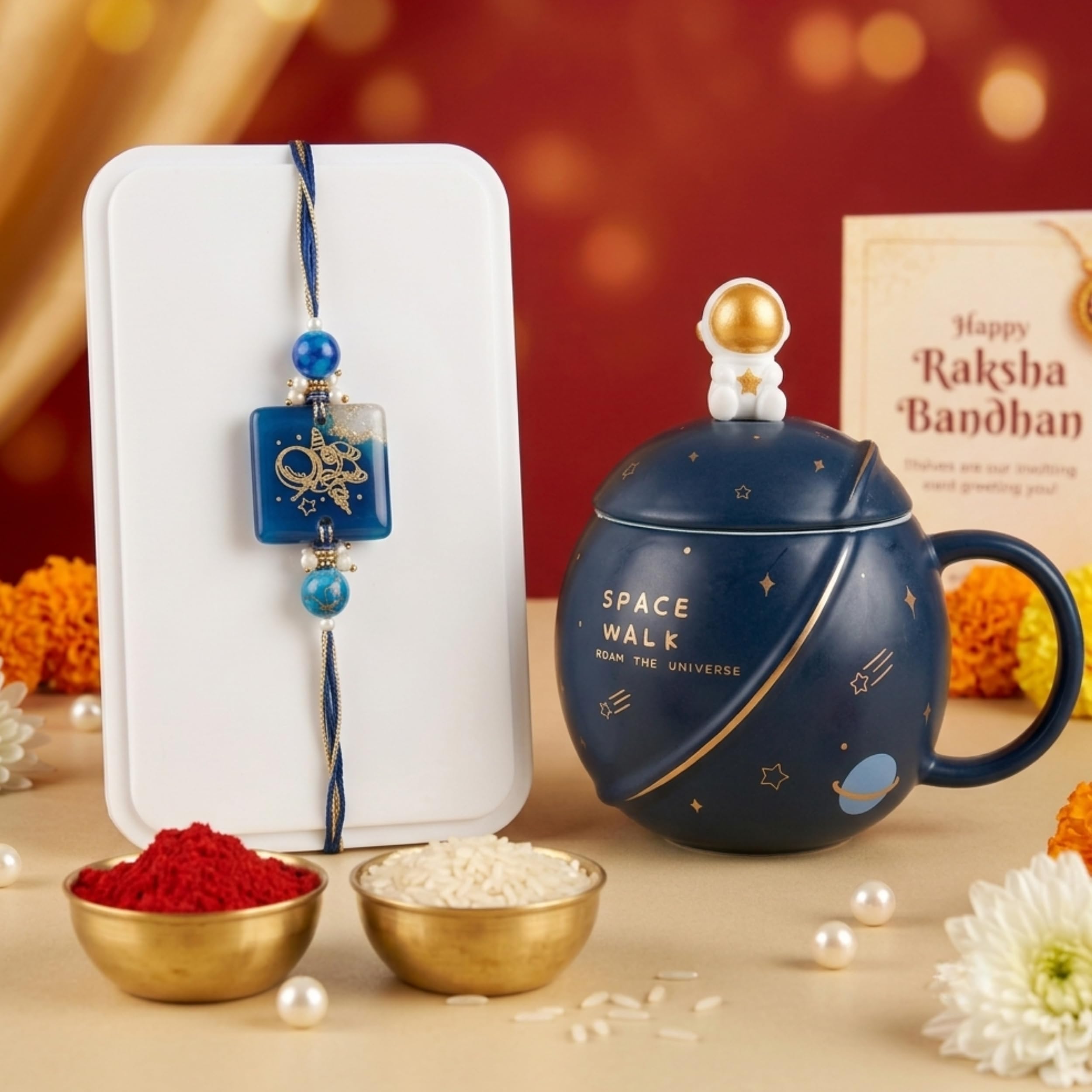 NYRWANA Coffee Mug, Birthday Gift for Man, Mugs for Present, Rakhi Gift for Brother, Astronaut Planet Coffee Mug with 3D Creative Space, Lid, Spoon, Rakhi with Tilak & chawal (400ml-Dark Blue)