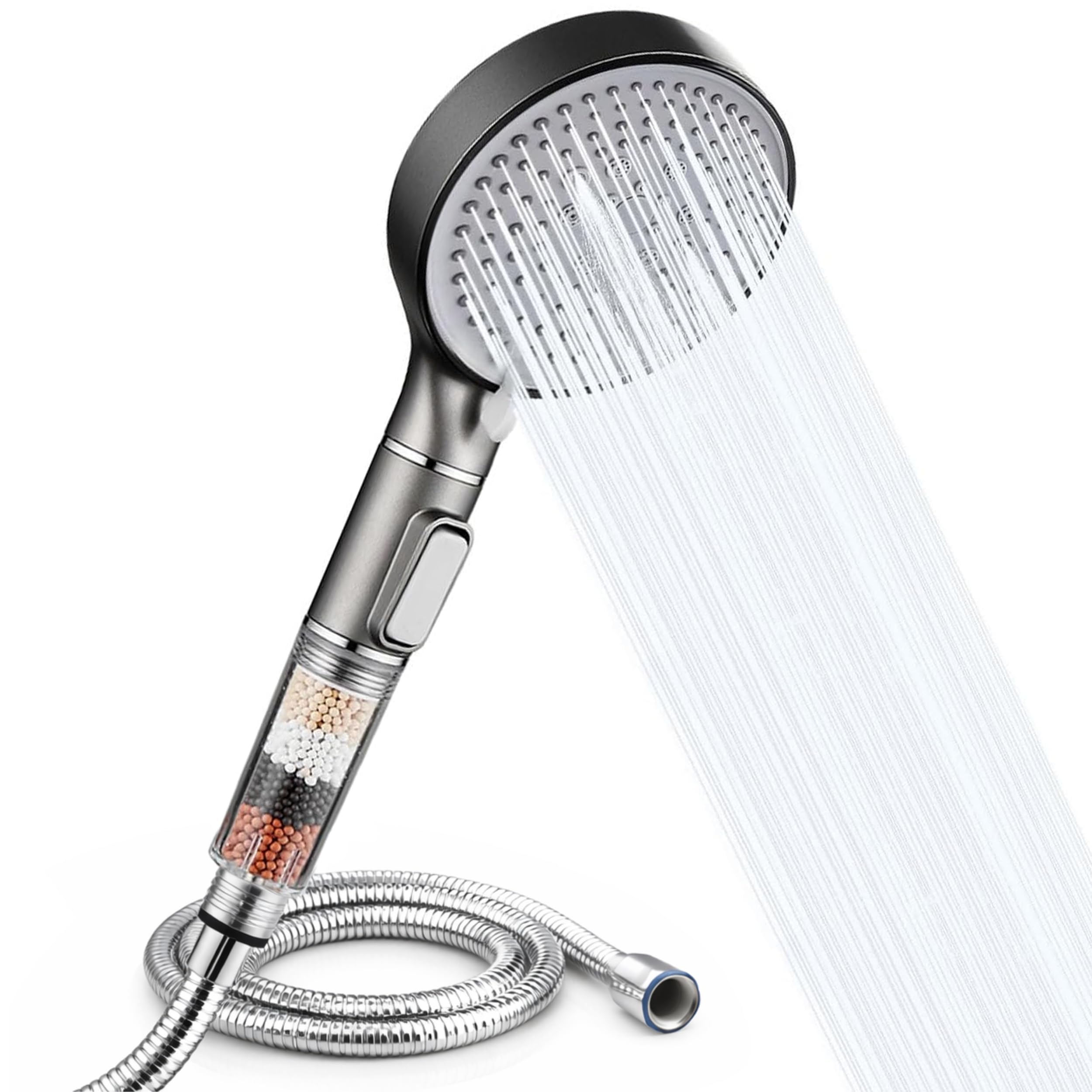 MELTA® Pommeau de Douche Haute Pression Filtrant avec Flexible 1,5 m – Douchette Anti Calcaire avec Filtre Minéral, 5 Modes de Jet, Bouton Stop Eau, Installation Sans Outils, Universel (NICKEL BROSSÉ) - 1