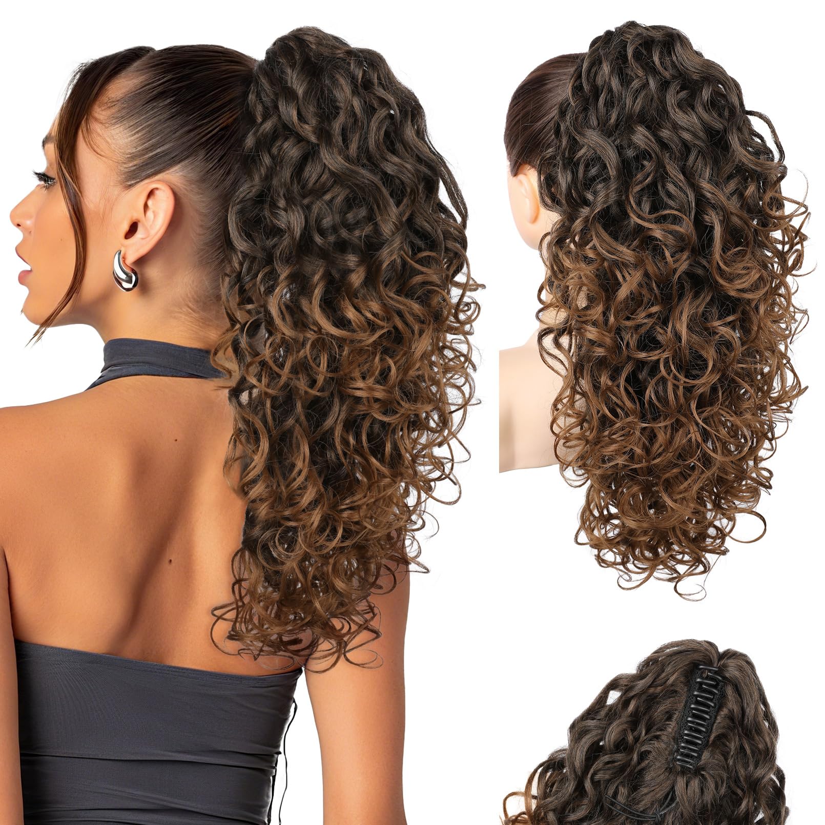 Photo 1 of Flufymooz 100? Pure Protein Ponytail Extension, 18 Inch Curly Claw Clip Ponytail Hair Extensions Natural Soft pony tail hairpiece for women-Dark Almond Brown with Copper