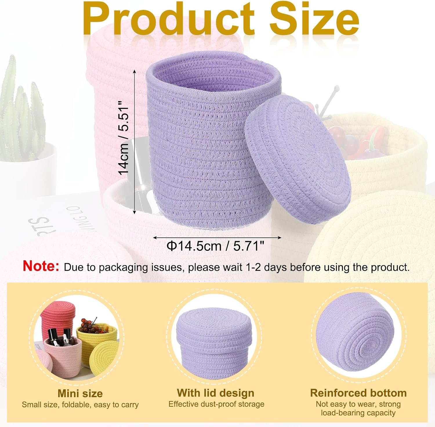 uxcell Light Purple Small Cotton Rope Woven Storage Basket, Shelf Closet Storage Gift Woven Baskets Cute Nursery Box Bin Decor Organization Bin for Home Supply, Round with Lid, 5.8x5.6" image 2