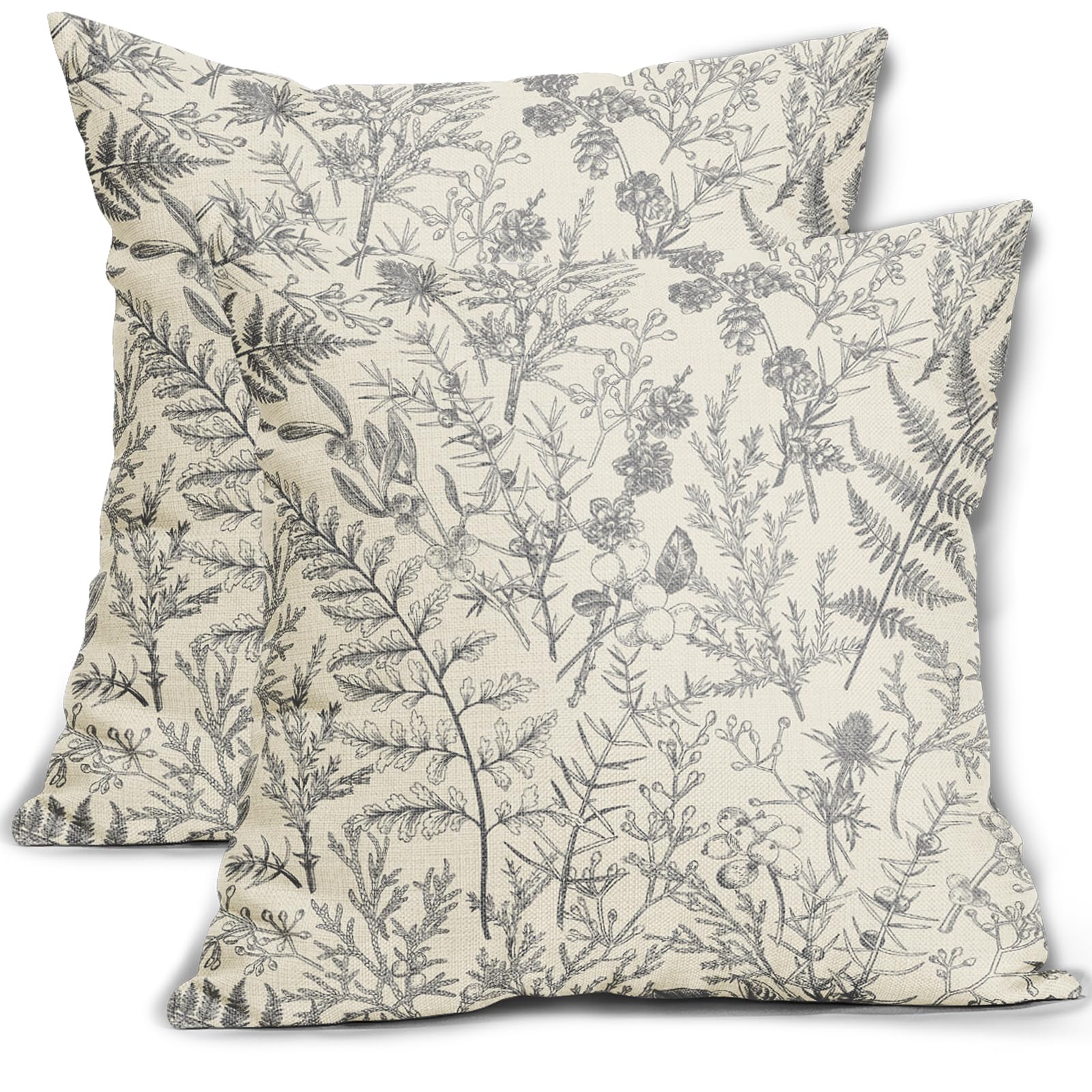 sorfbliss Grey Gray Floral Pillow Covers 16x16 Set of 2 Botanical Print Vintage Spring Flower Plant Cream Decorative Throw Pillow Cases Outdoor Farmhouse Cushion Covers Decor for Sofa Couch Bed