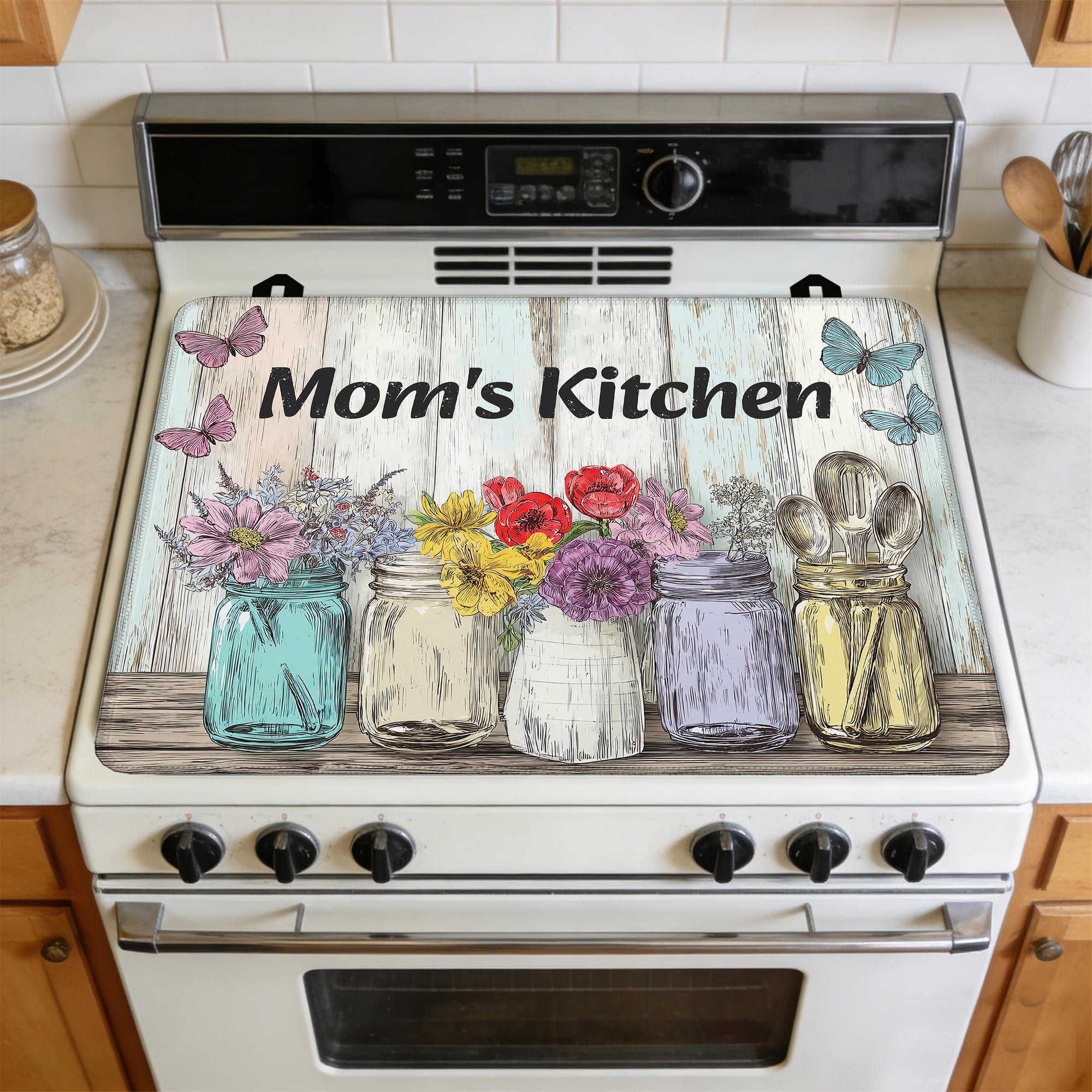 Multi-Design Silicone Stove Cover for Glass/Electric Stoves - 3-in-1 Heat-Resistant Protector Mat, Mother Kitchen Gifts 28"x20" (Vintage Flower Vases, 28" L x 20" W)