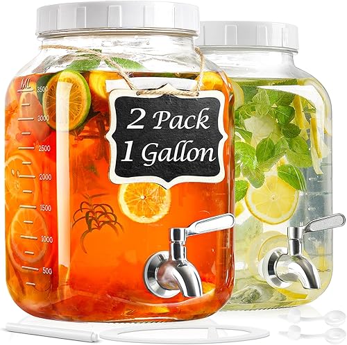 Juego de 2 dispensadores de bebidas de vidrio cuadrados grandes con grifo, dispensador de bebidas de vidrio de 1 galón con tapa hermética para