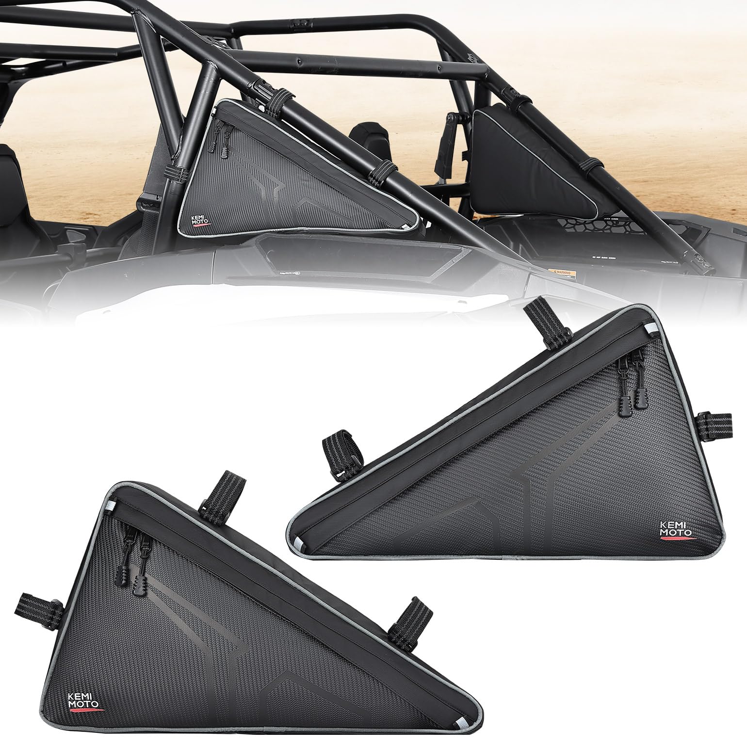 KEMIMOTO Triangle Storage Bags for UTV Storage Side Tool Bag Compatible with 2024/2025+ Polaris RZR XP 1000/4 1000 Fit All UTV with Roll Bar PVC Wear Resistant Double Zippers for Rear Anti-Roll Frame