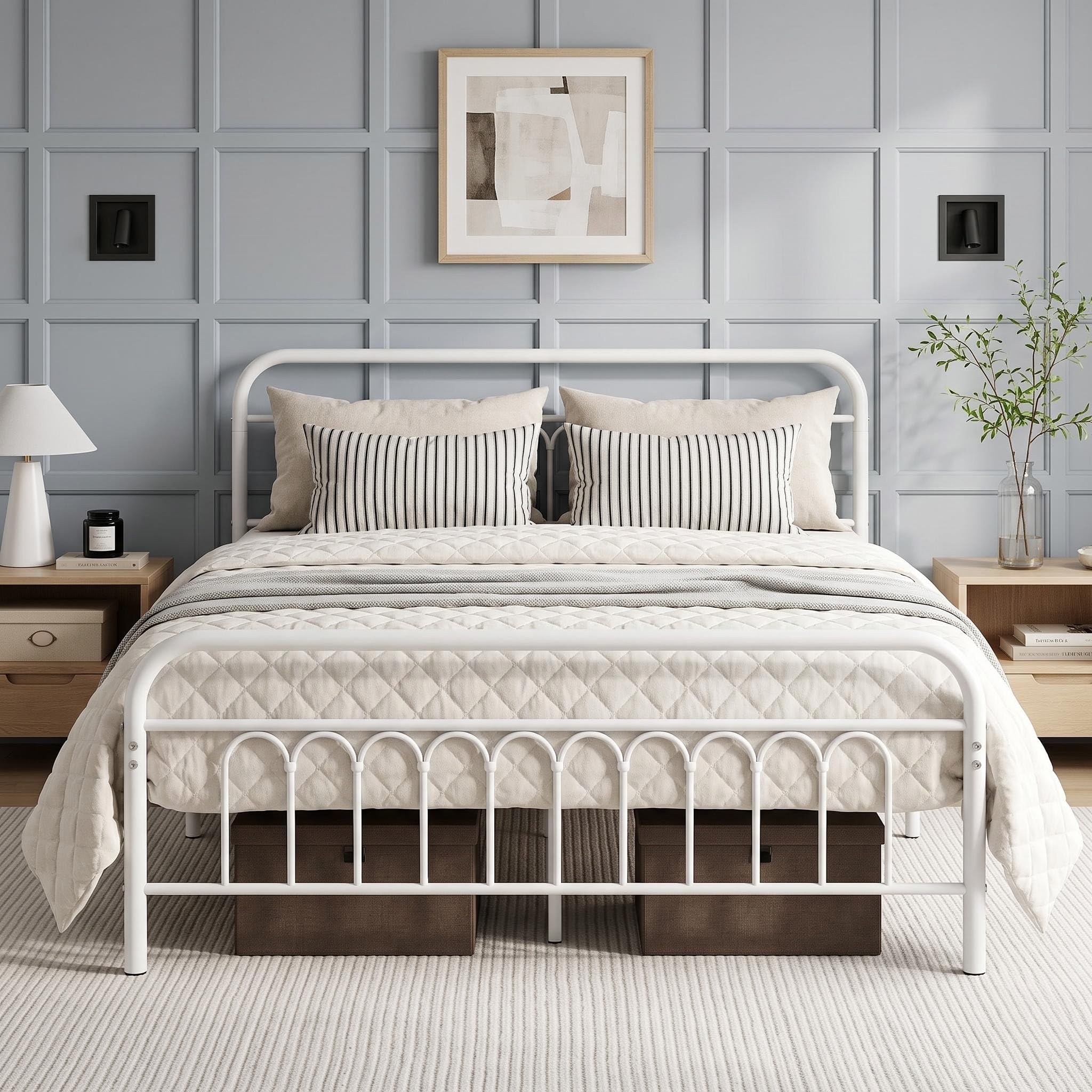 Panana Double Bed Frame,4ft6 Strong Platform Bed (White, Double)