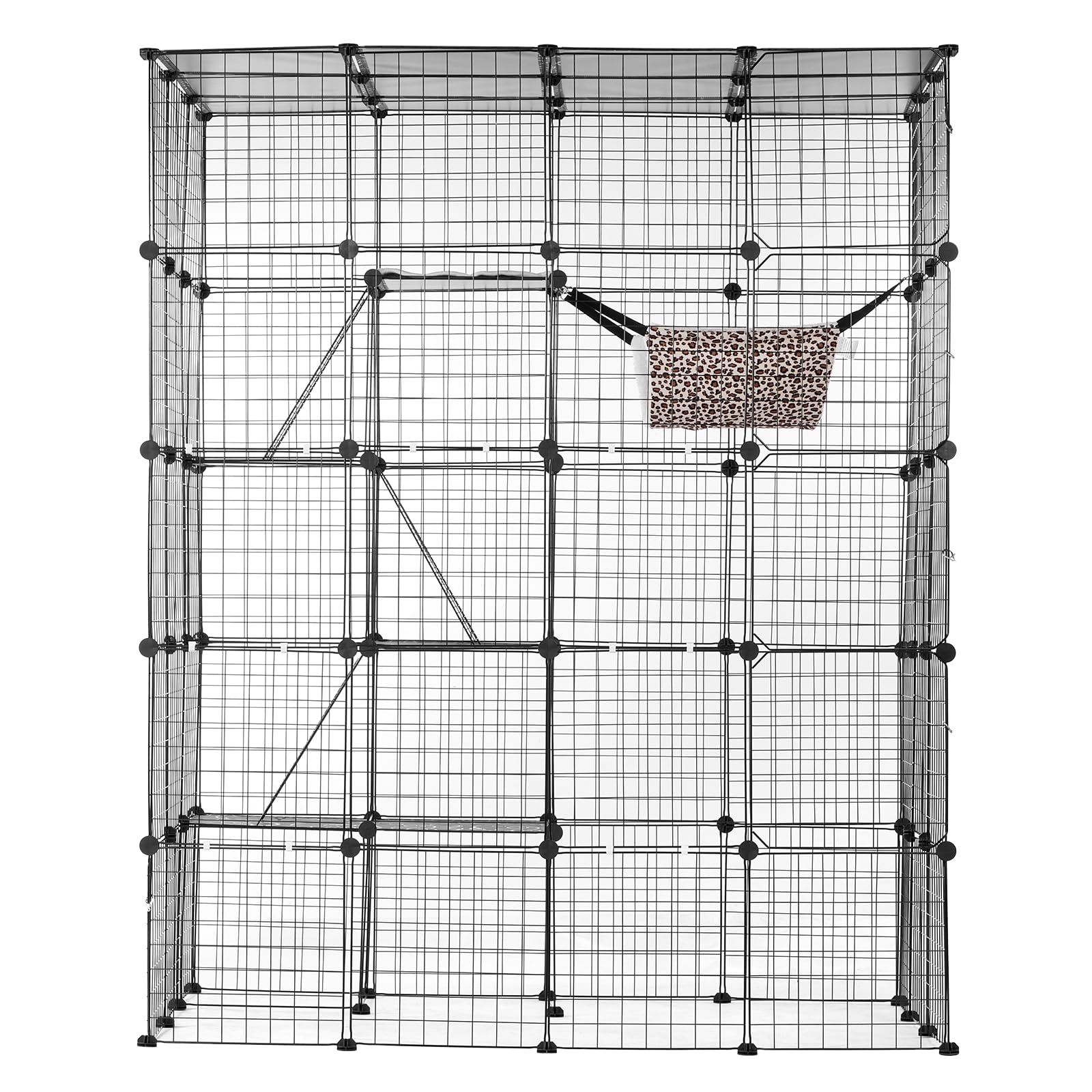VEVOR Cage Chat 4 Niveaux, Enclos Chats Fil Métallique Modulable Amovible, 5 Portes, Échelles, Hamac, 1371x1041x1754 mm