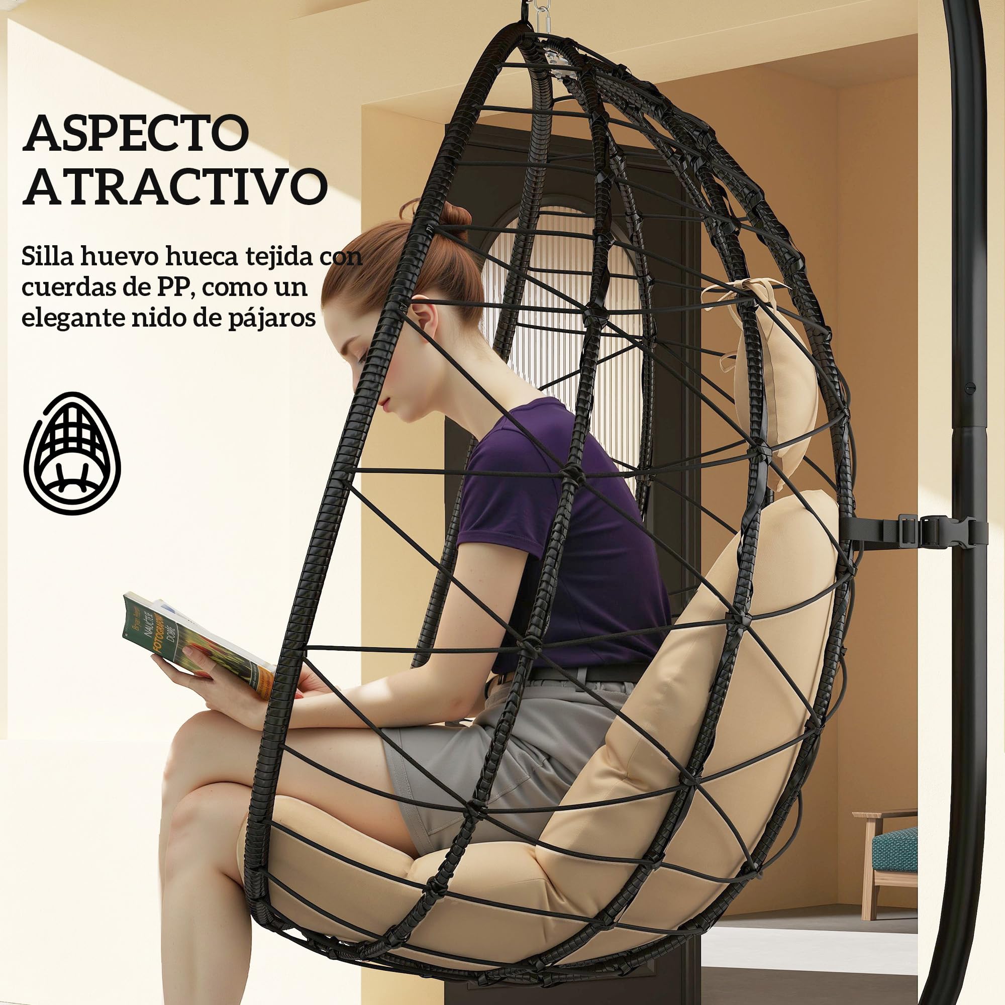 Outsunny Silla Colgante Huevo con Soporte Columpio Jardín Exterior con Cesta Plegable Cojín y Reposacabezas Columpio Colgante para Interior y Exterior Carga 120 kg Caqui