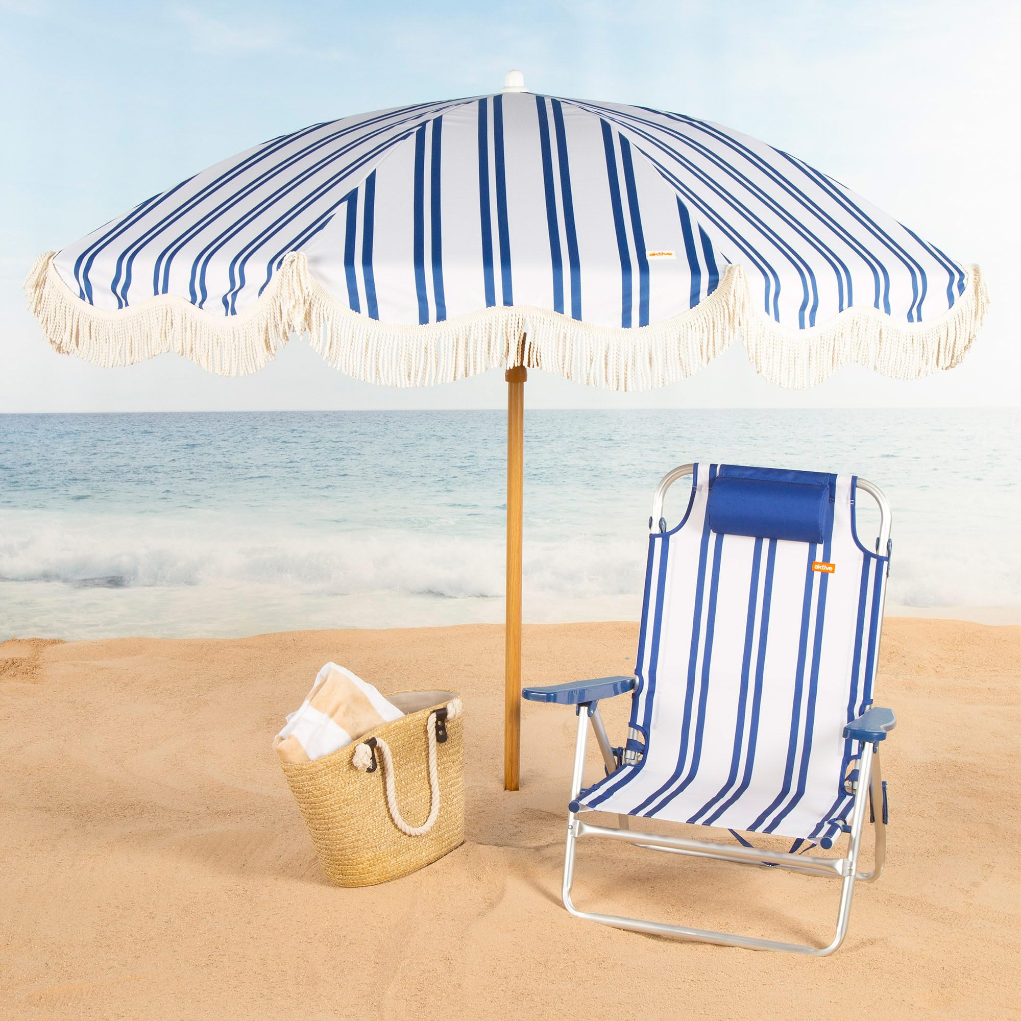 AKTIVE Lot de 2 chaises de Plage 48 x 45 x 83 cm, Rayures maritimes, 6 Positions, Protection Anti-basculement, Poids par Chaise 110 kg, Assise inférieure à 23 cm, Coussins, poignées latérales, Mode