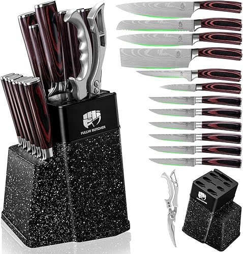 FULLHI Juego de cuchillos de cocina de 14 piezas, cuchillos de chef con bloque y afilador, juego de cuchillos de cocina, mango multicolor, regalos
