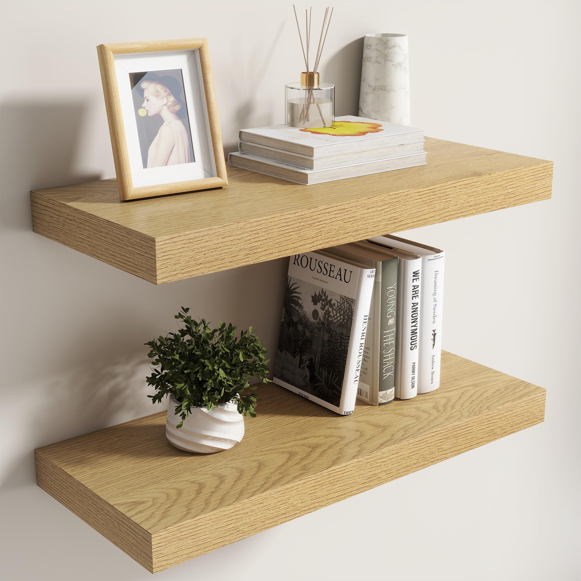 Dreamland Floating Shelves for Wall,8 Inch Deep Floating Shelves,24" W x 8" D Wall Shelves for Bedroom, Living Room, Kitchen, Bathroom,Oak Color,Set of 2