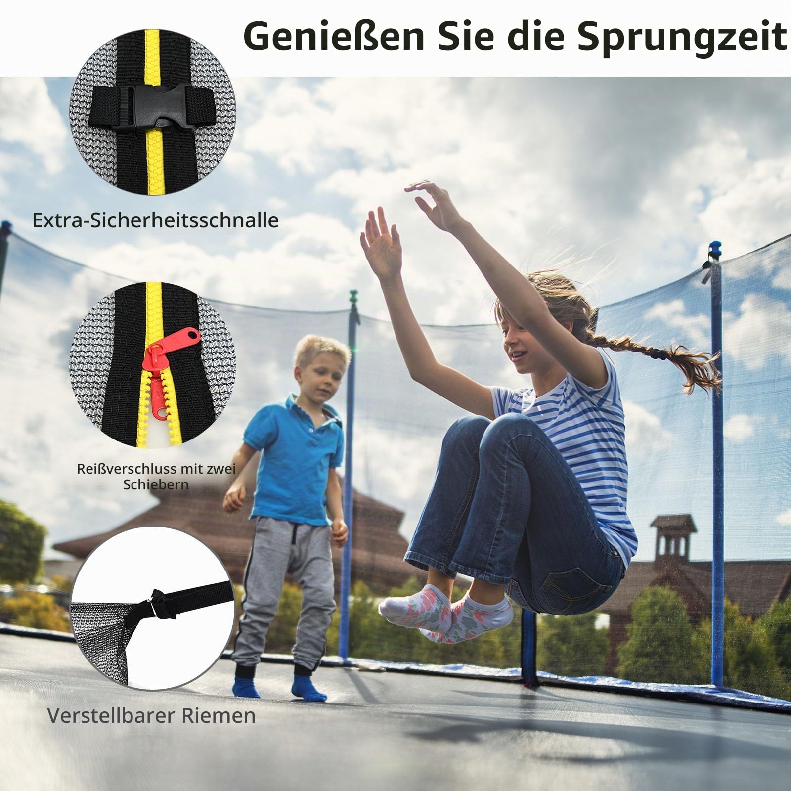 LIFEZEAL Sicherheitsnetz innenliegend für Trampolin, Gartentrampoline Ersatznetz mit Reißverschluss & Schnallen, Trampolinersatznetz Fangnetz, Netzhöhe 180 cm